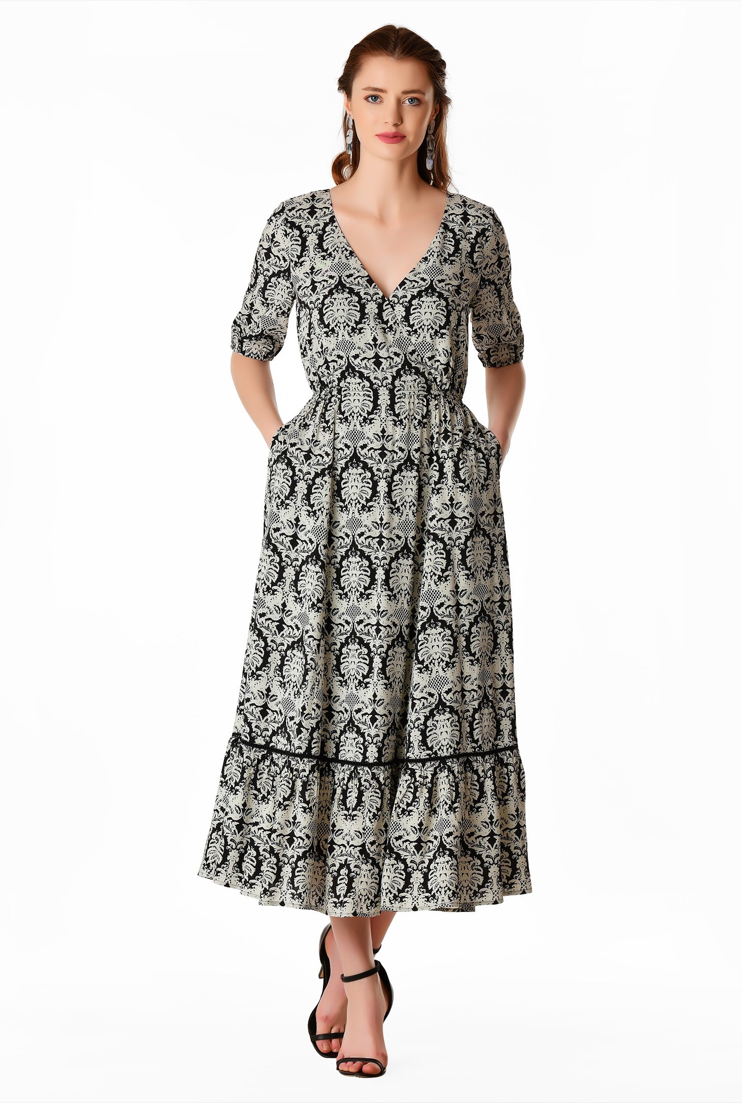 Shop Graphic floral lace print surplice maxi dress | eShakti