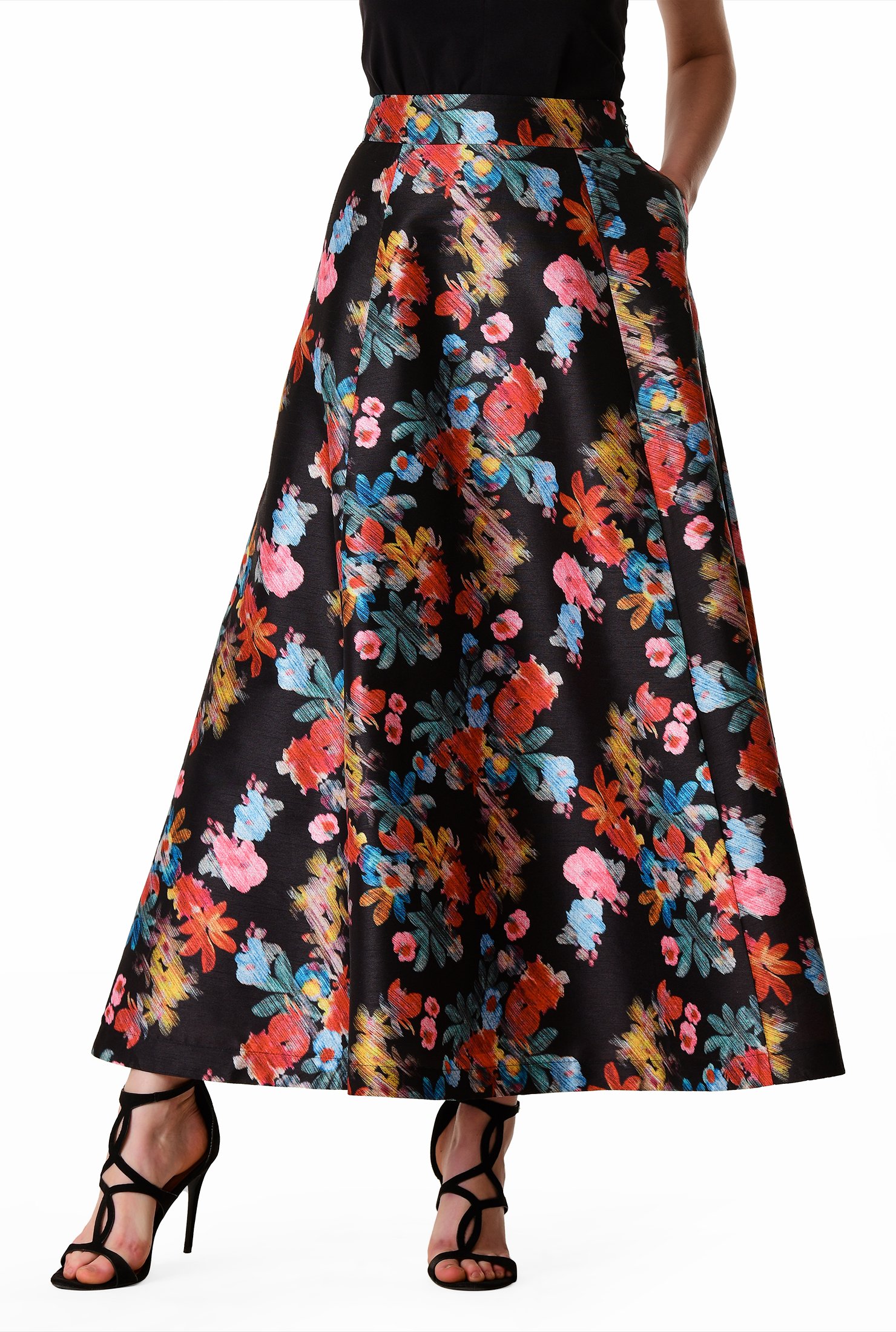Shop Floral graphic print dupioni maxi skirt | eShakti