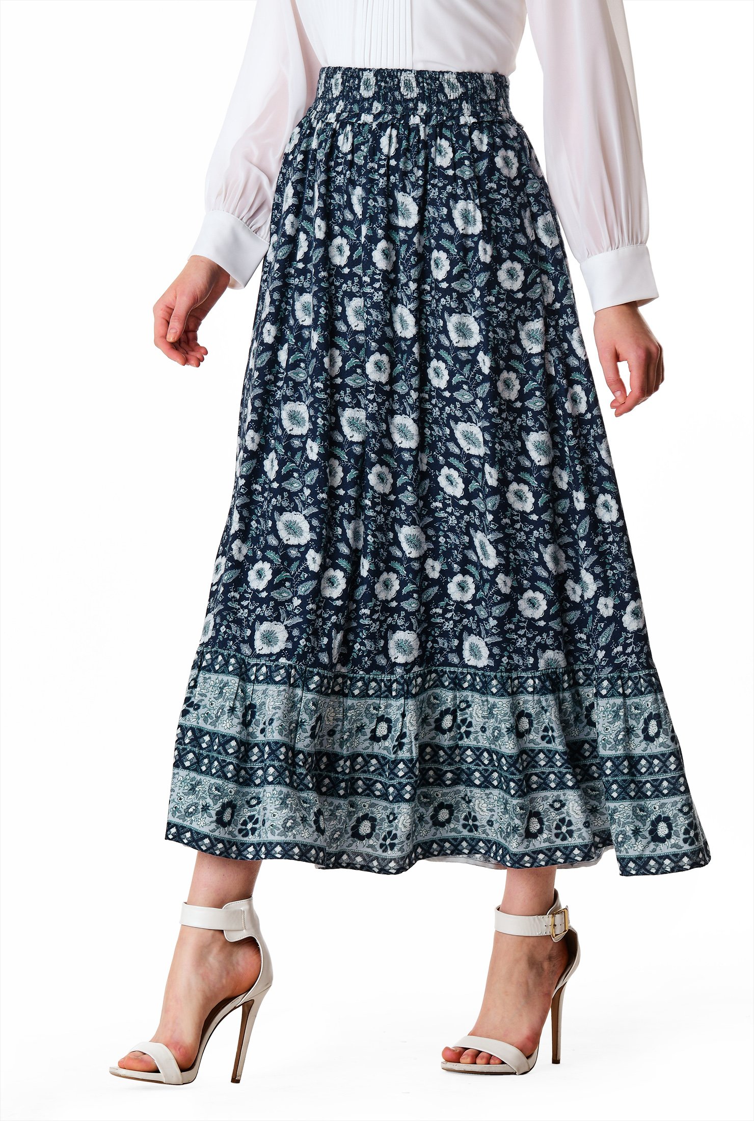Shop Ruffle flounce floral print ruched skirt | eShakti