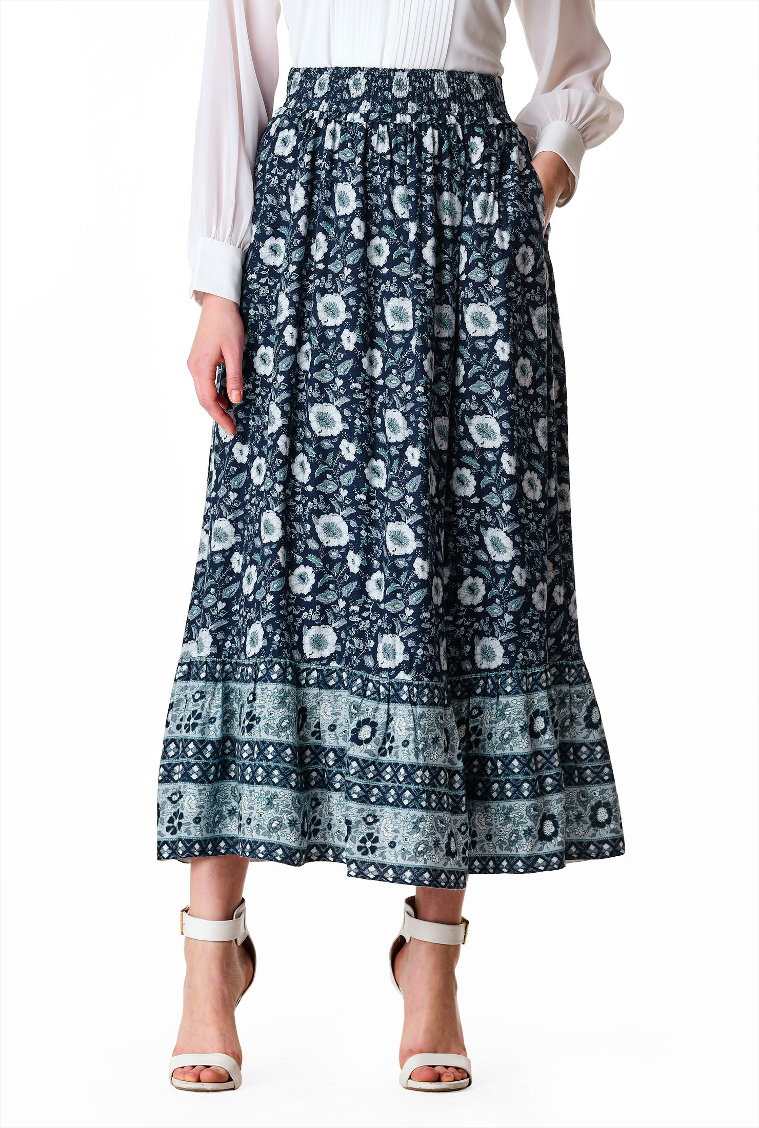 Shop Ruffle flounce floral print ruched skirt | eShakti