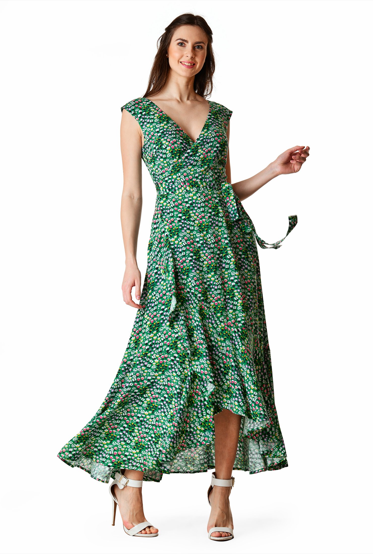 Shop Ruffle ditsy floral print wrap maxi dress | eShakti
