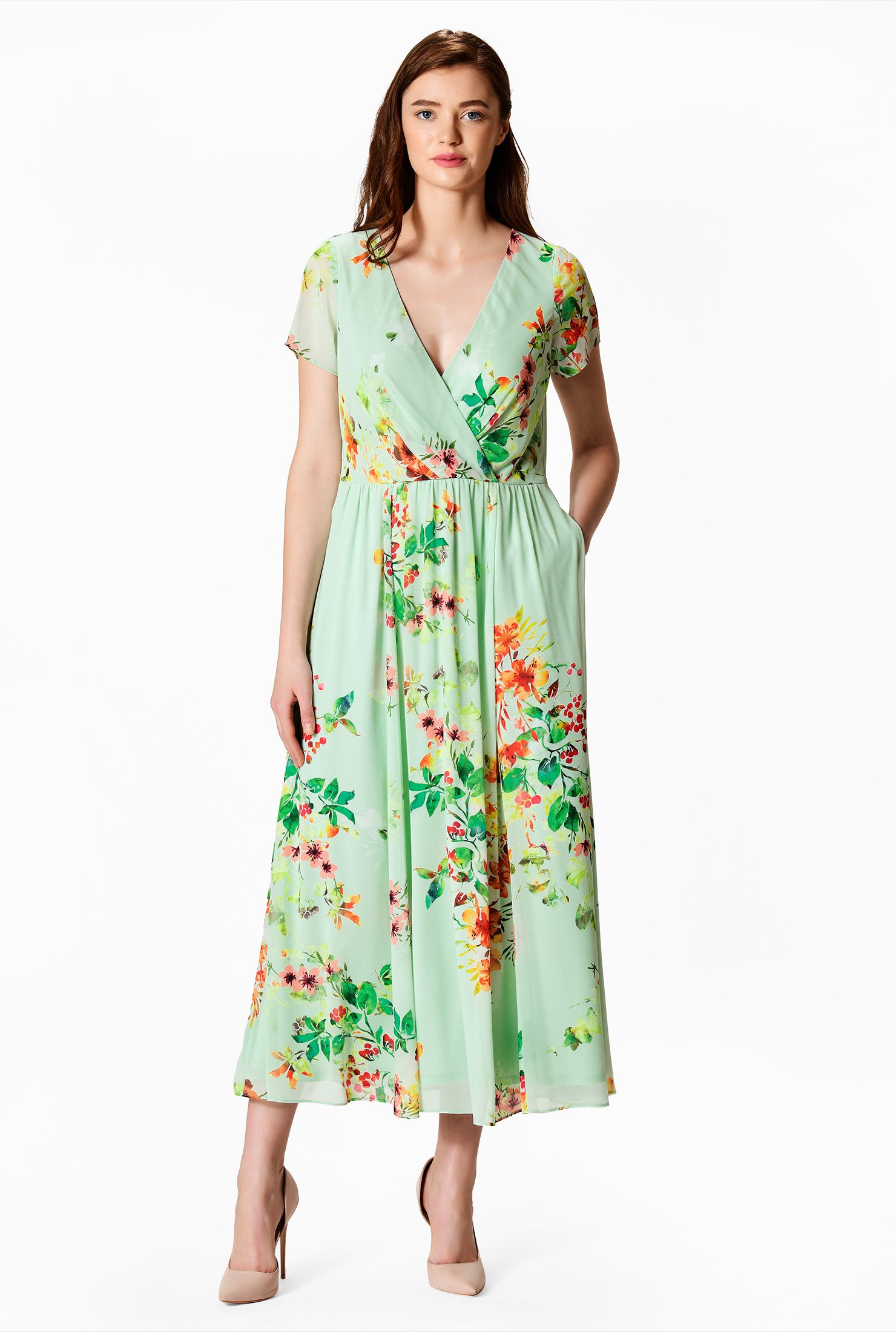 Shop Floral print georgette surplice dress | eShakti