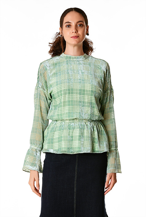 Shop Surplice back plaid burnout velvet peplum blouse eShakti