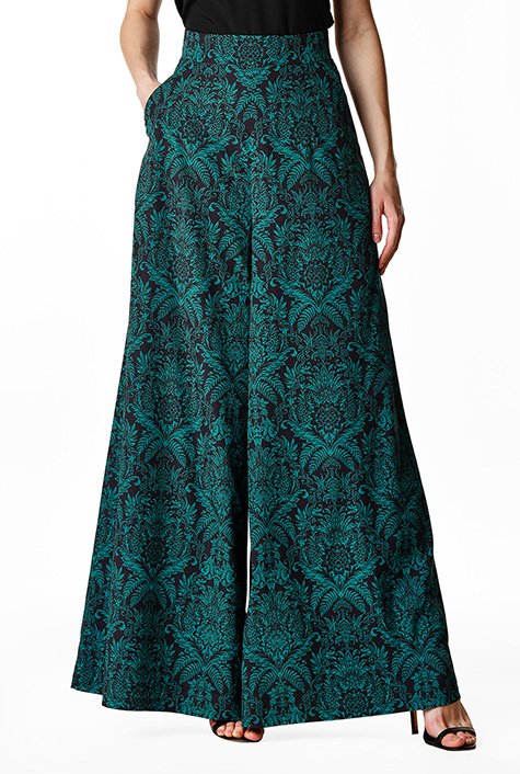 Damask Print Flare Leg Pants