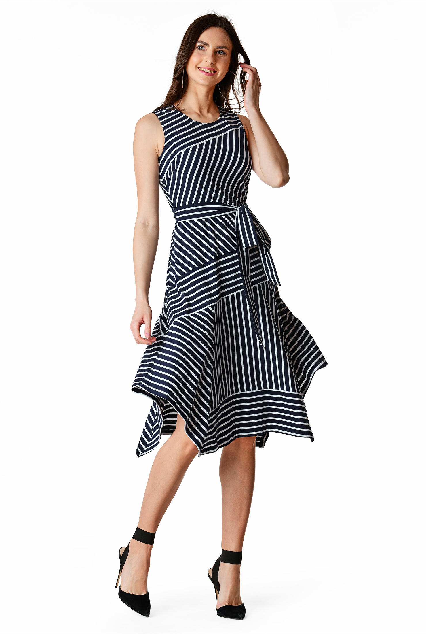 Shop Handkerchief hem pieced stripe jersey knit dress eShakti
