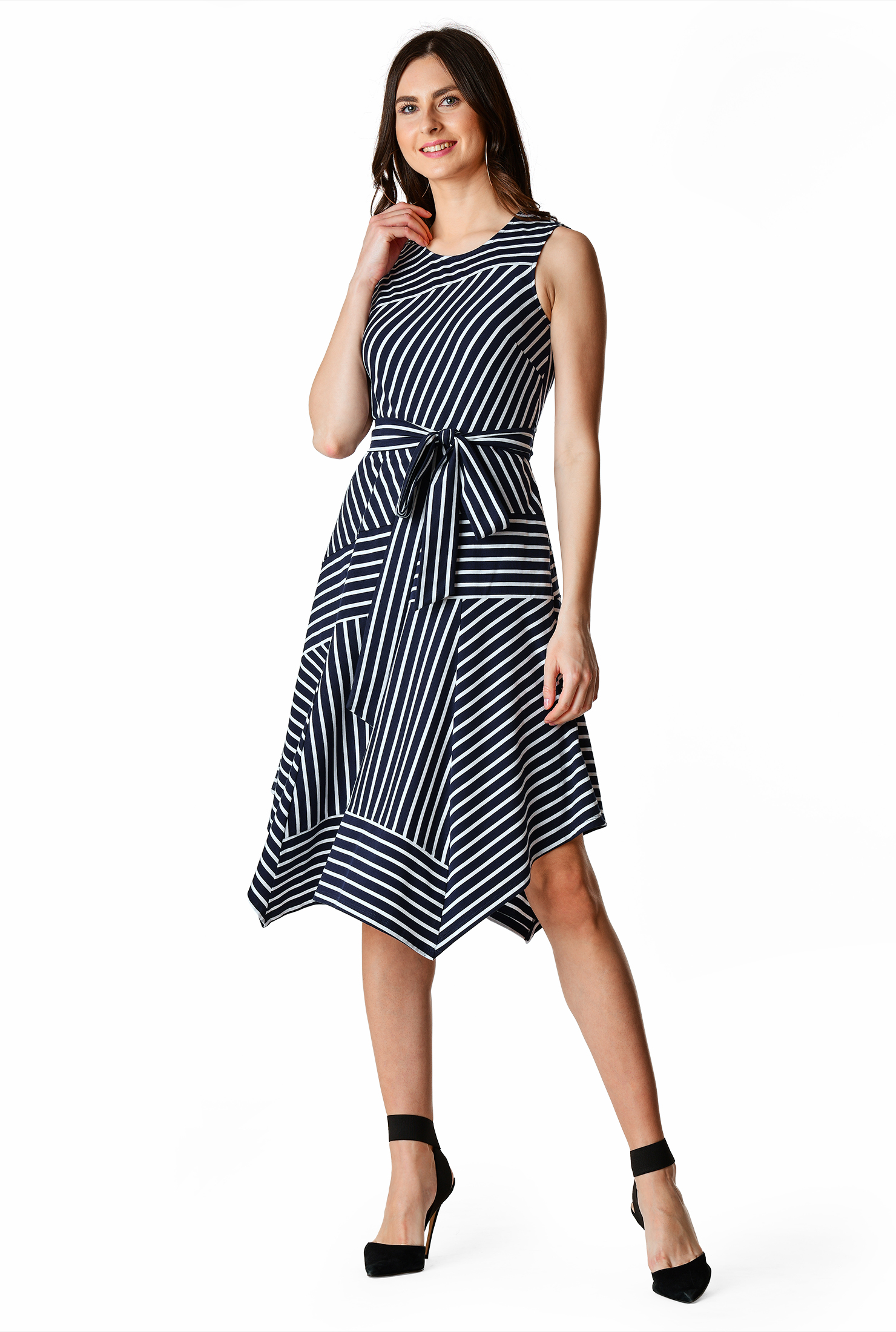 Shop Handkerchief hem pieced stripe jersey knit dress eShakti
