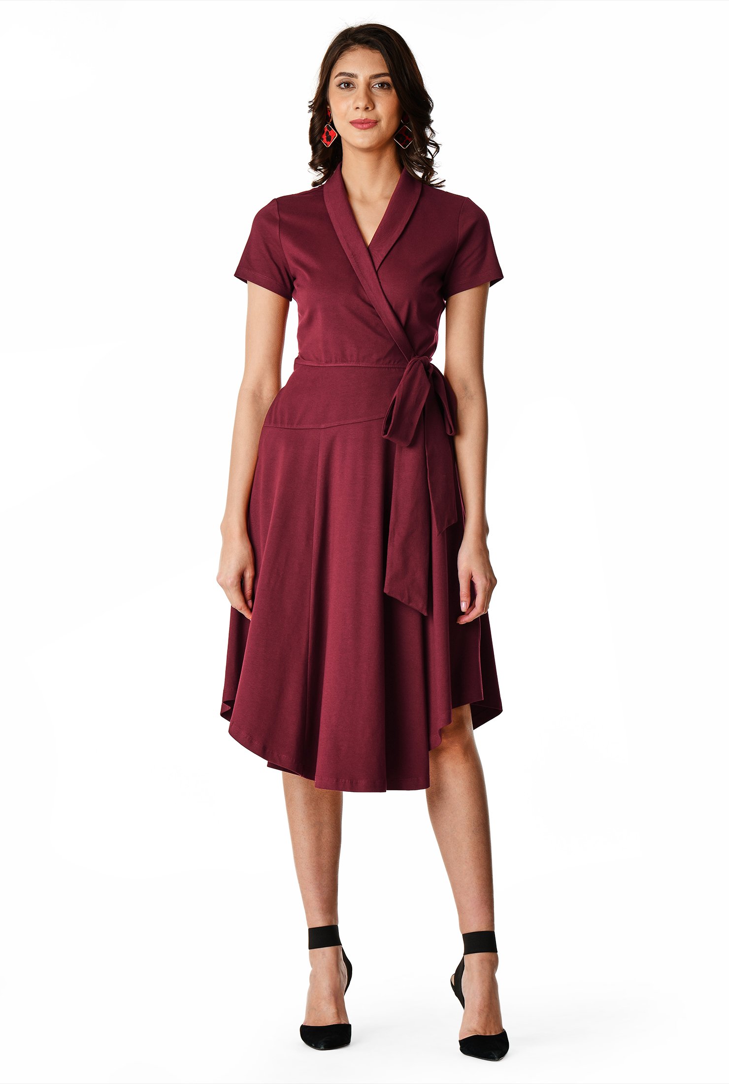 Shirttail hem cotton knit wrap dress 