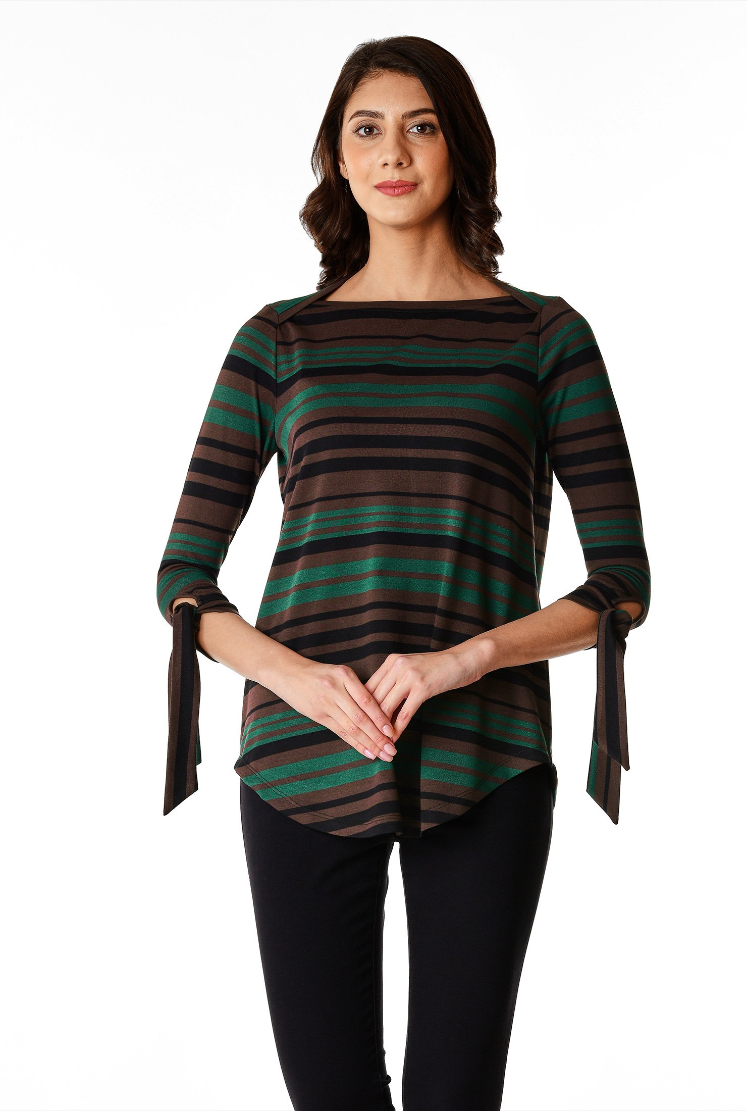 Shop Tie-cuff stripe jersey knit top | eShakti