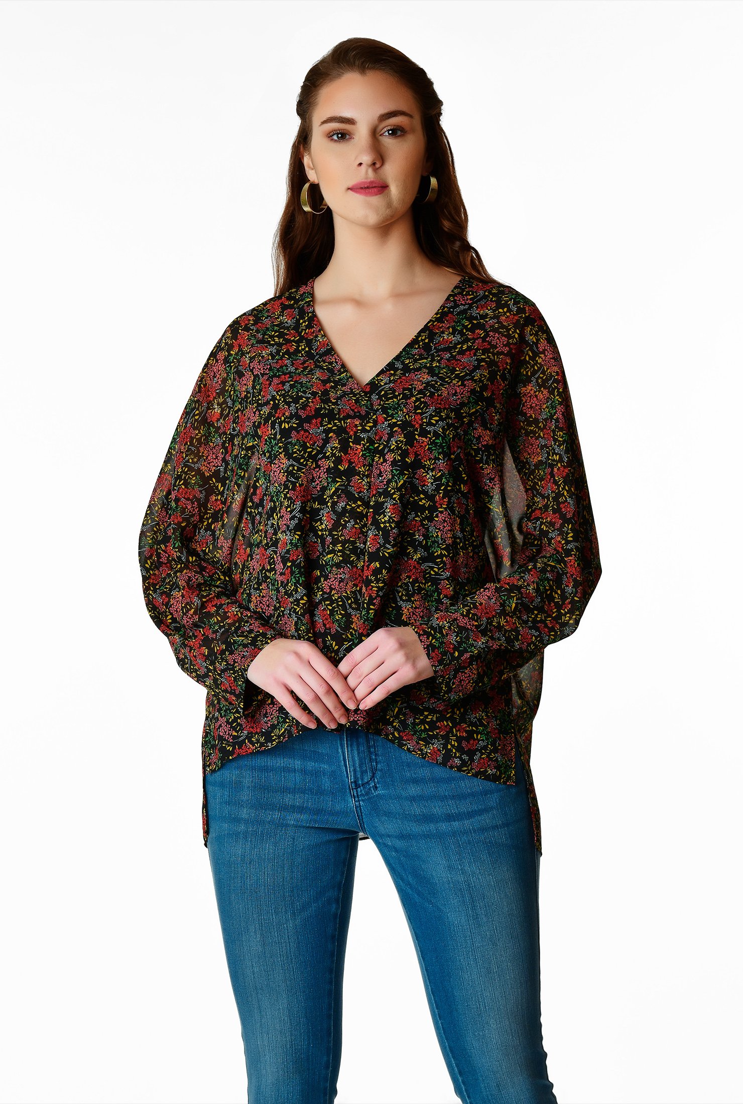 Shop Floral print georgette high-low blouse | eShakti