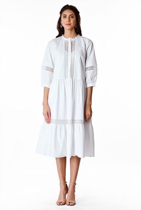 Shop Lace trim ruched tier cotton poplin dress | eShakti