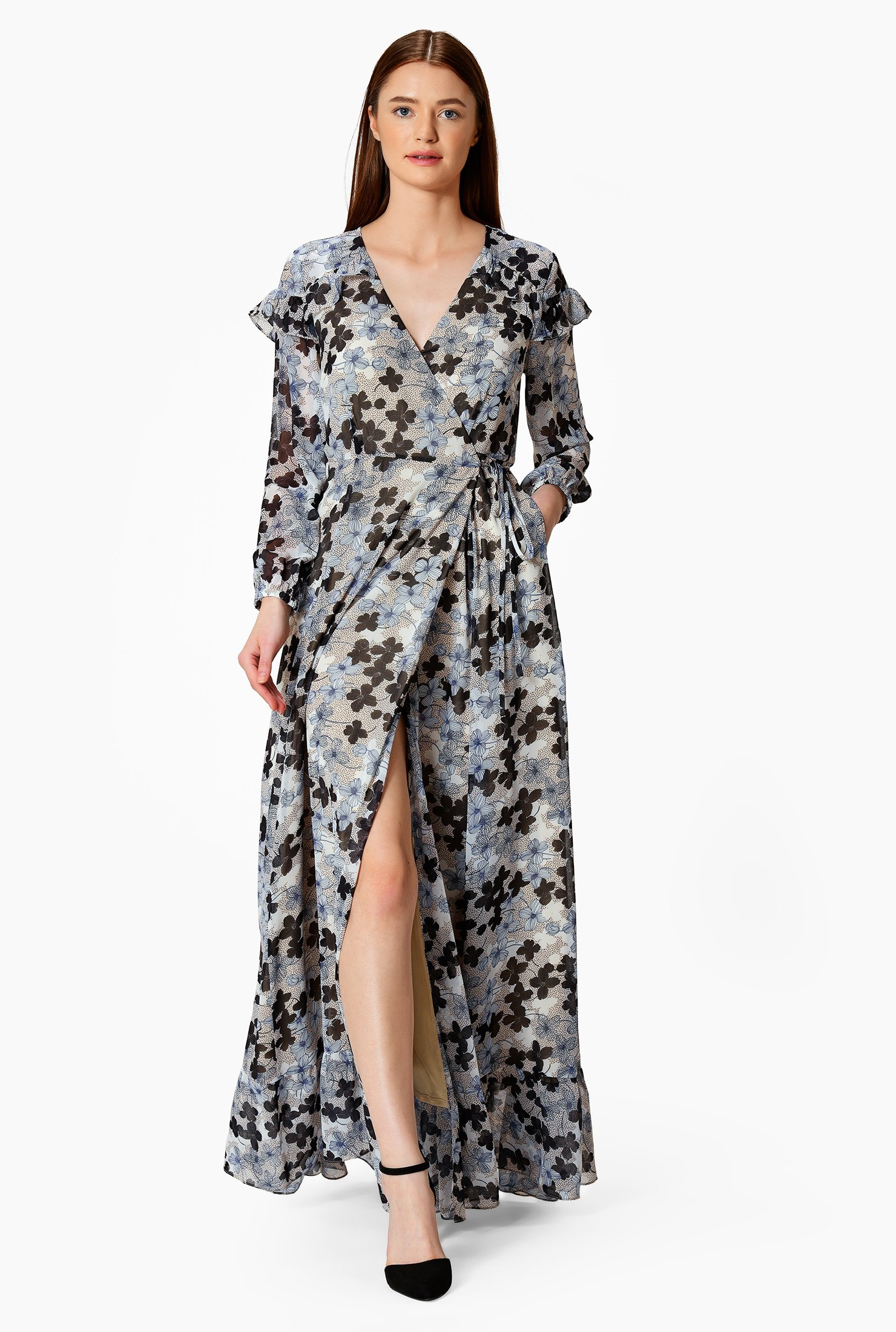 Shop Ruffle floral print georgette wrap dress | eShakti