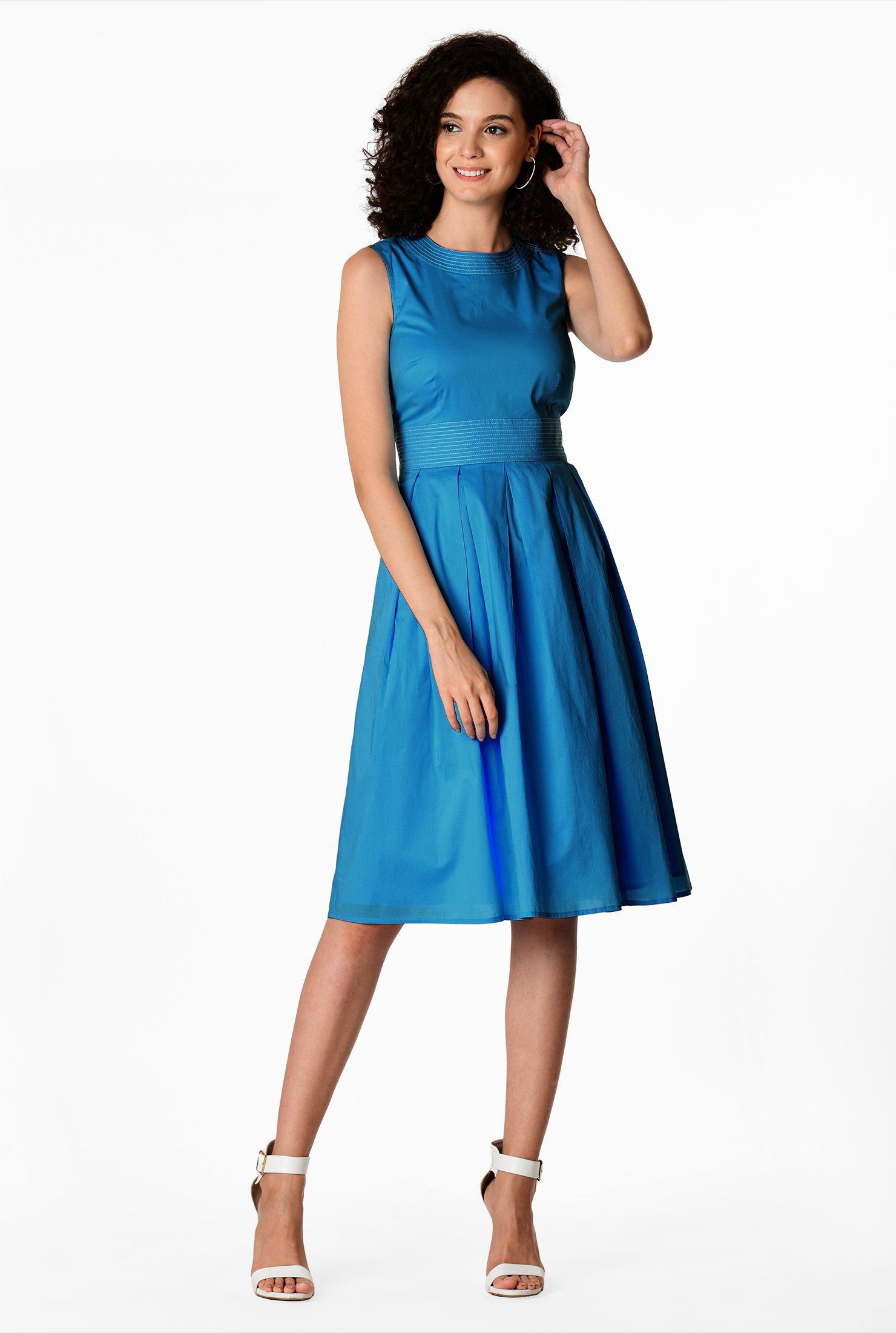 Poplin trapunto banded waist dress