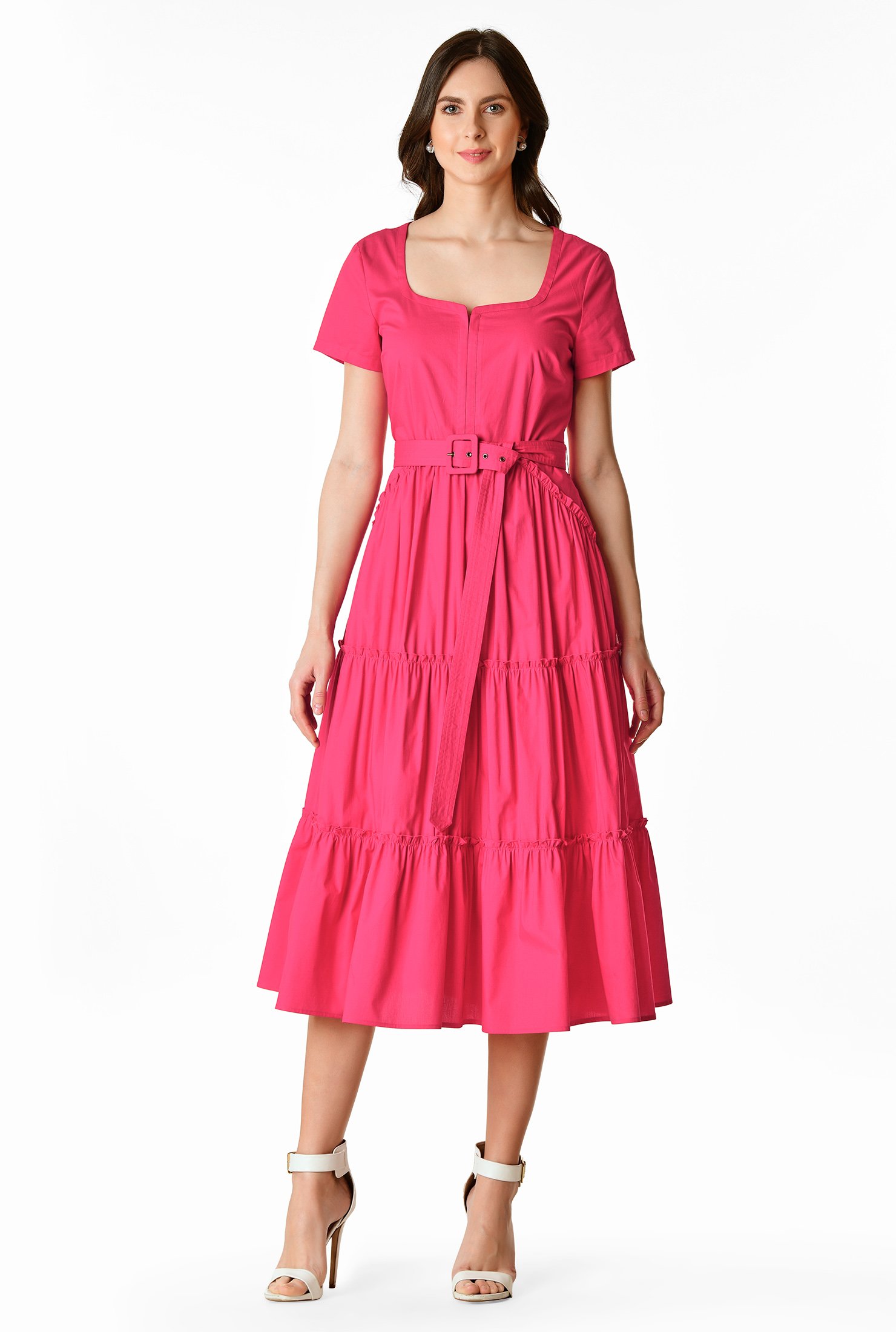 Shop Ruffle frill trim cotton poplin tiered dress | eShakti
