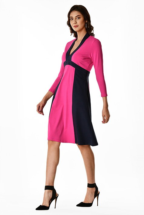 Shop Cotton knit contrast trim empire dress | eShakti