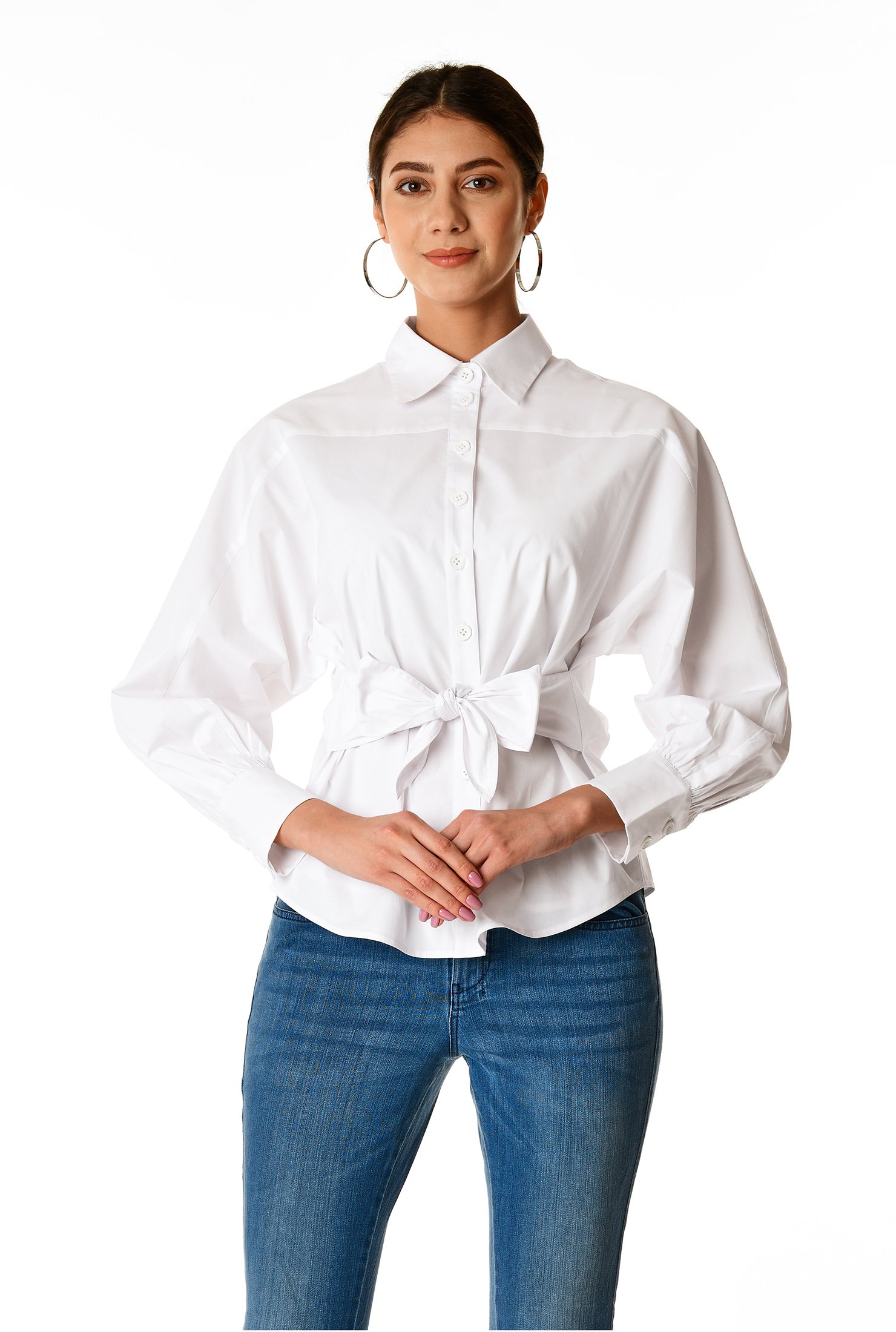 Shop Bow-tie waist cotton poplin shirt | eShakti