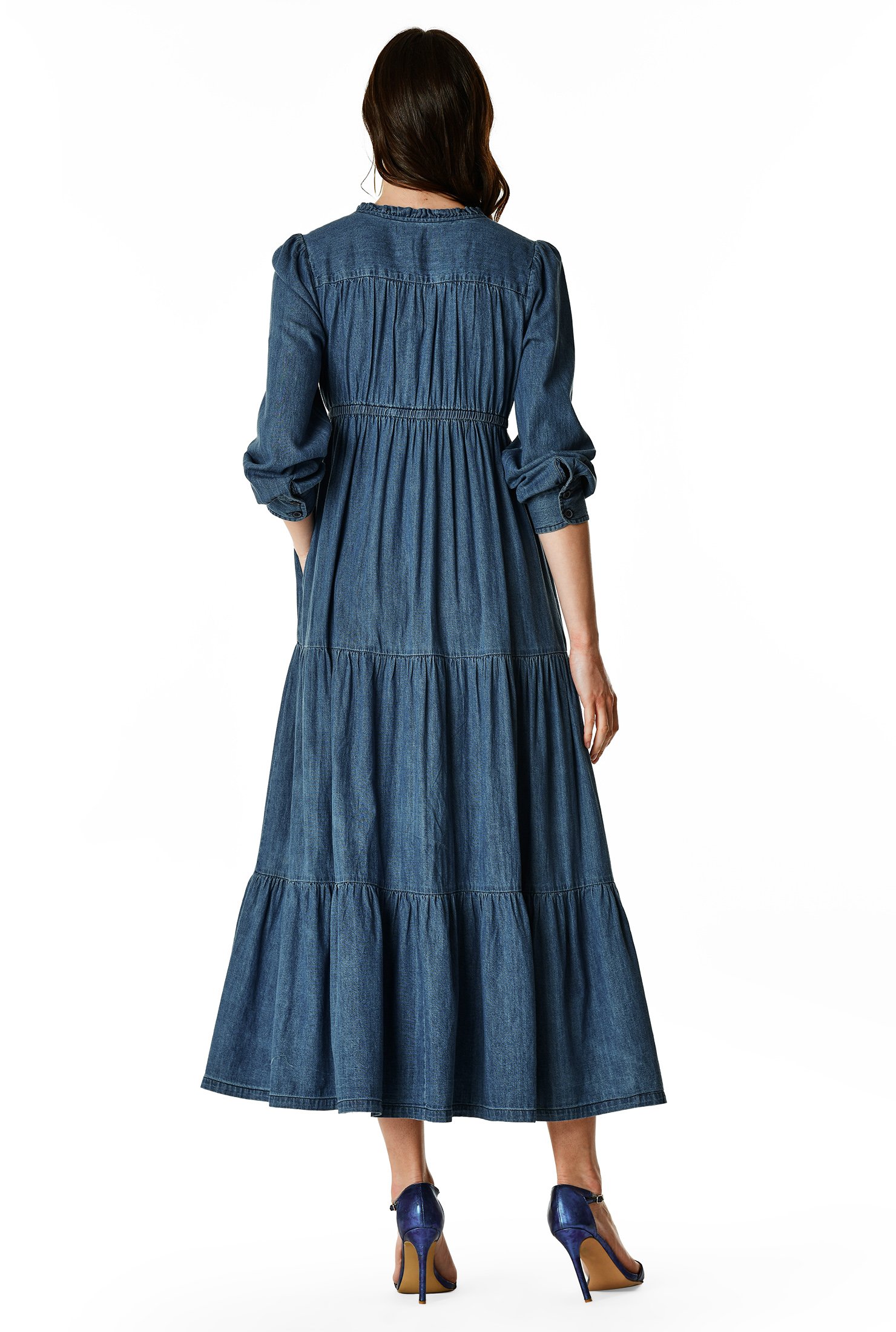 Shop Ruched cotton denim tiered dress | eShakti