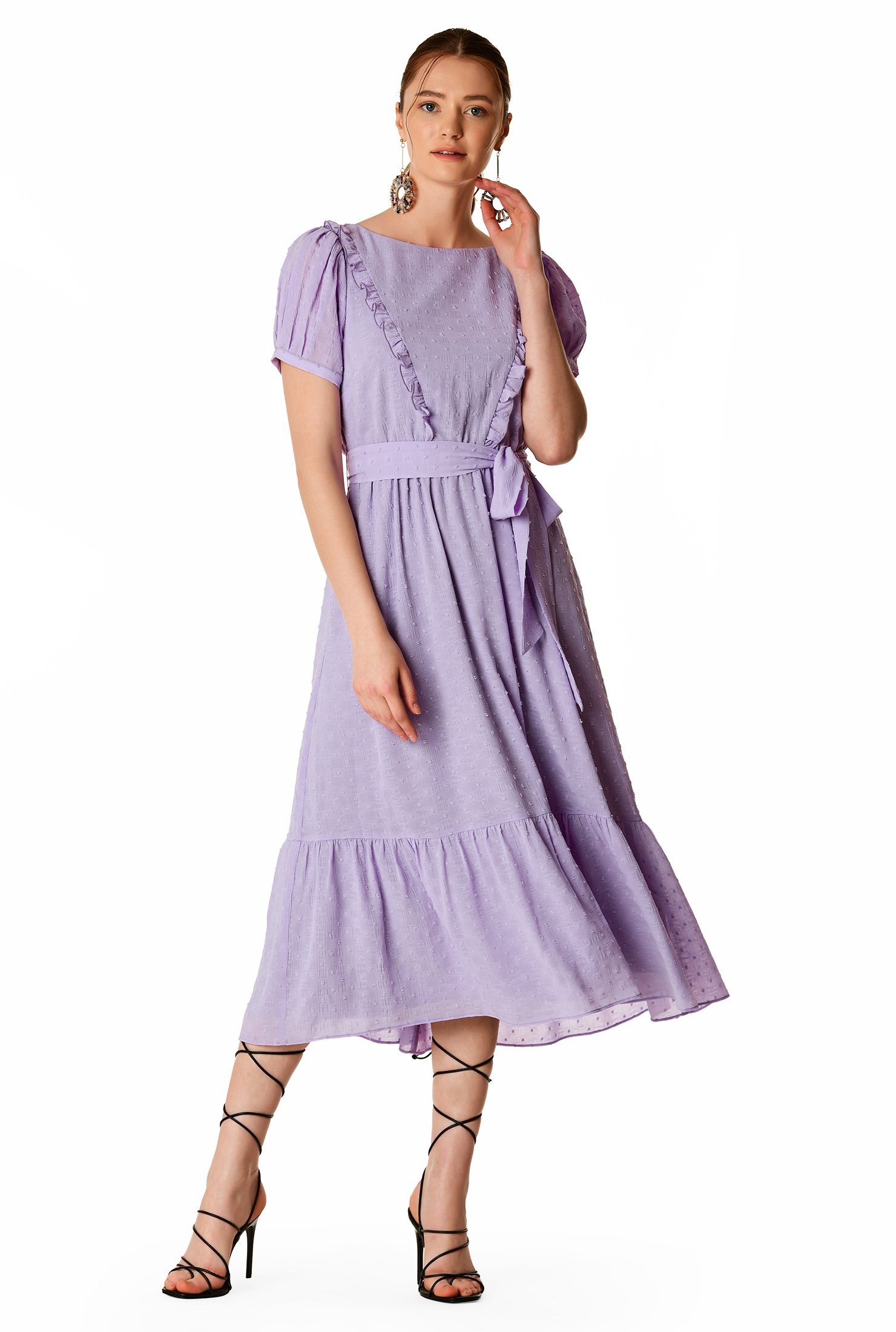 Shop Ruffle swiss dot georgette sash tie dress | eShakti