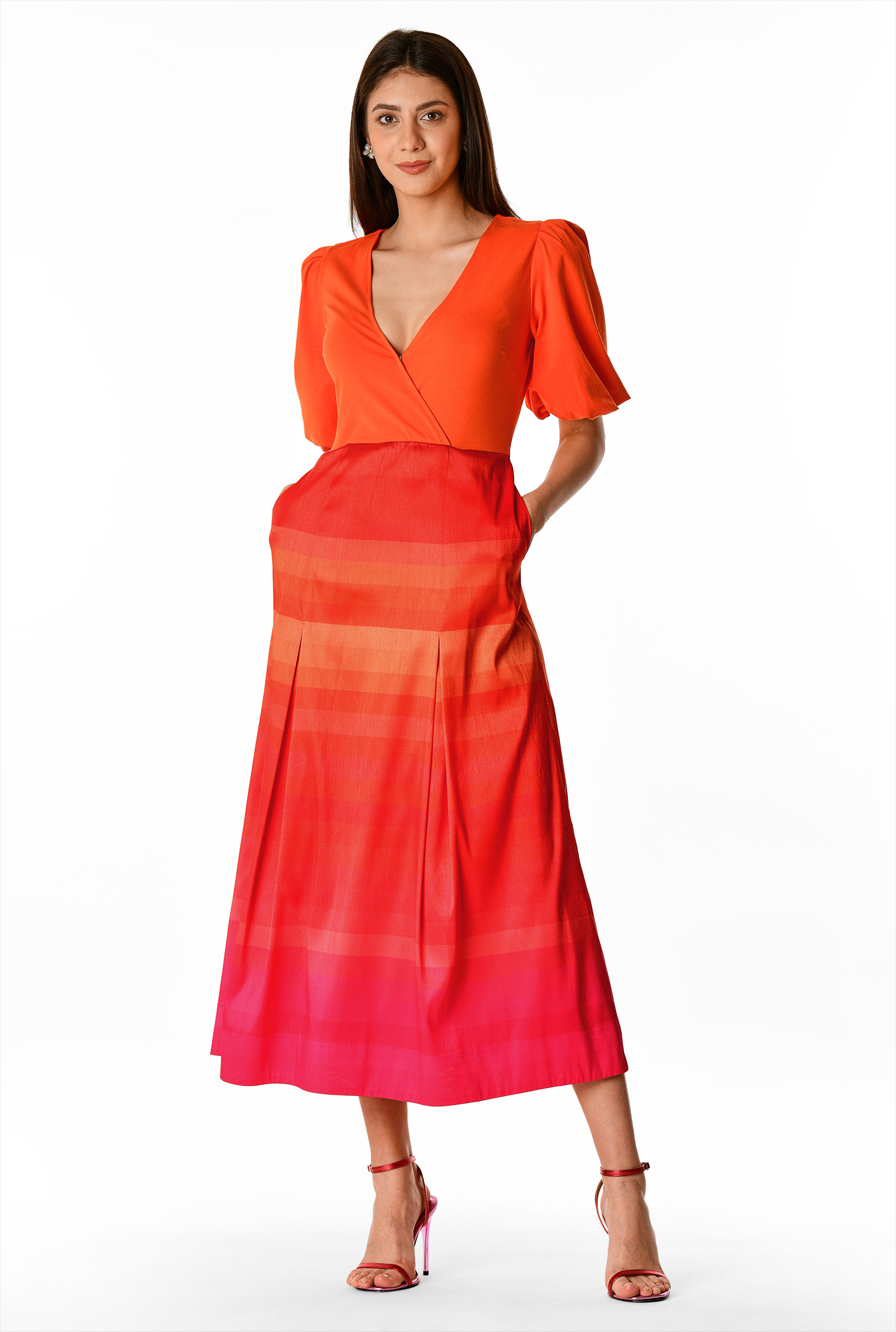 Shop Puff sleeve ombre stripe mixed media dress eShakti