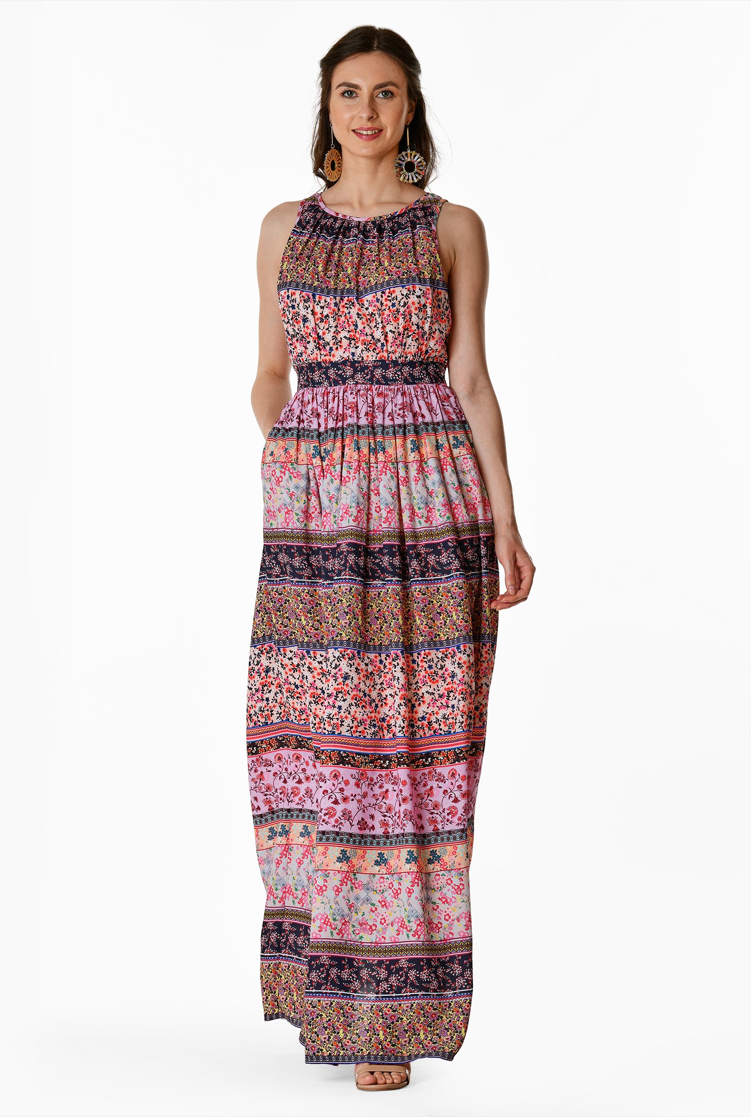 Shop Floral stripe print crepe ruched maxi dress | eShakti