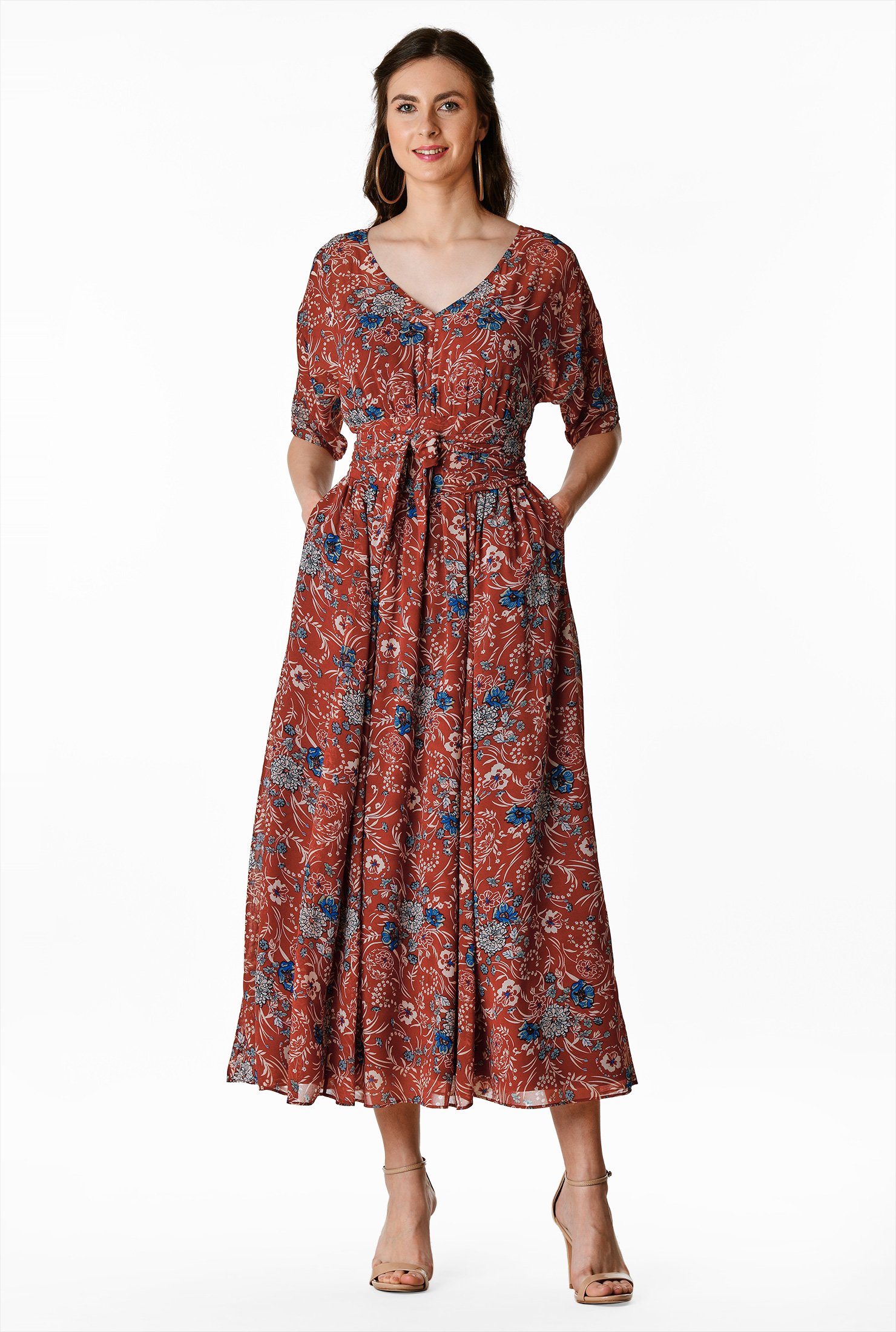 Shop Floral print georgette obi belt dress | eShakti