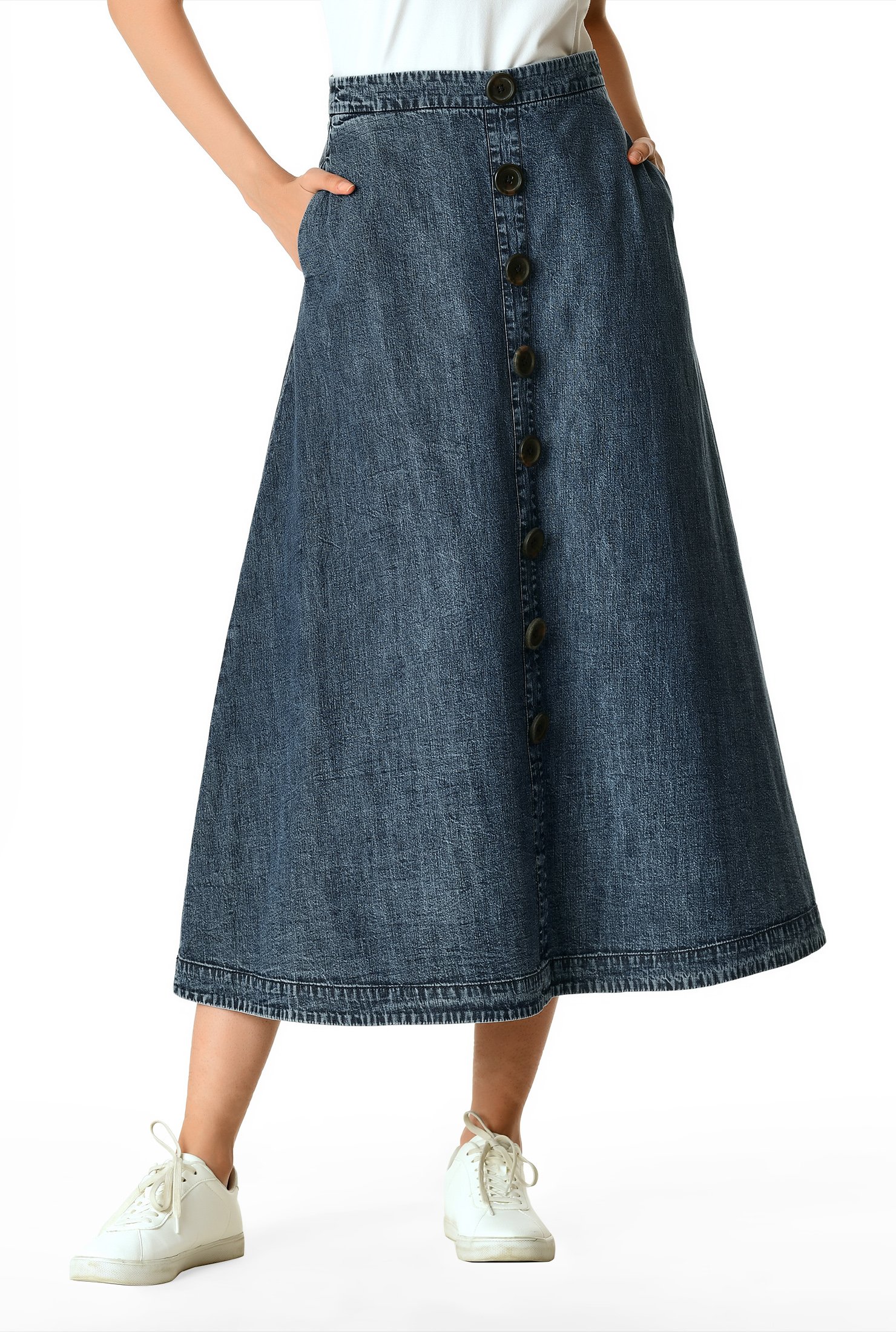 Shop Faux-button front cotton denim skirt | eShakti