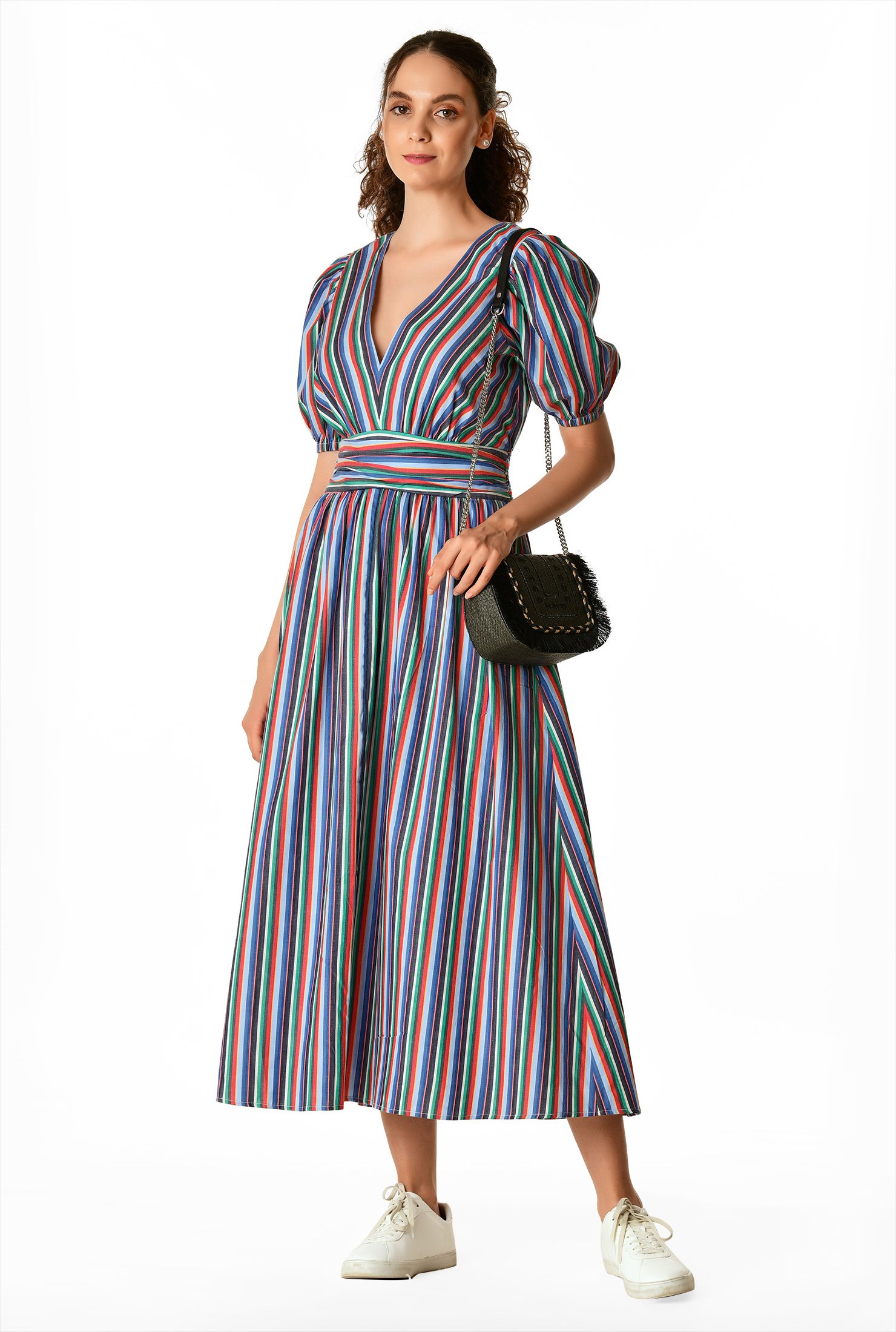 Shop Stripe cotton chambray pleat waist dress | eShakti