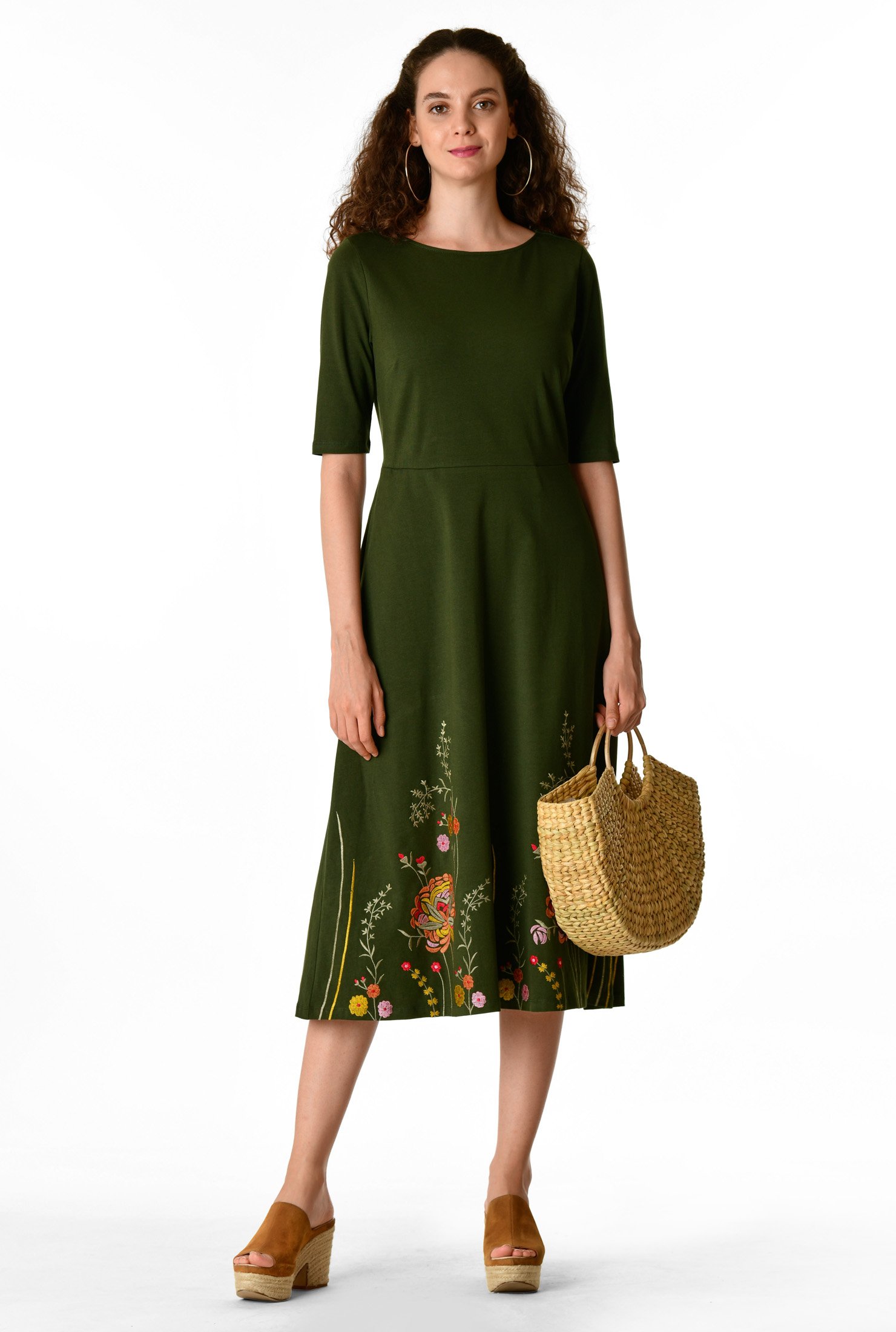 Floral embroidered cotton knit dress