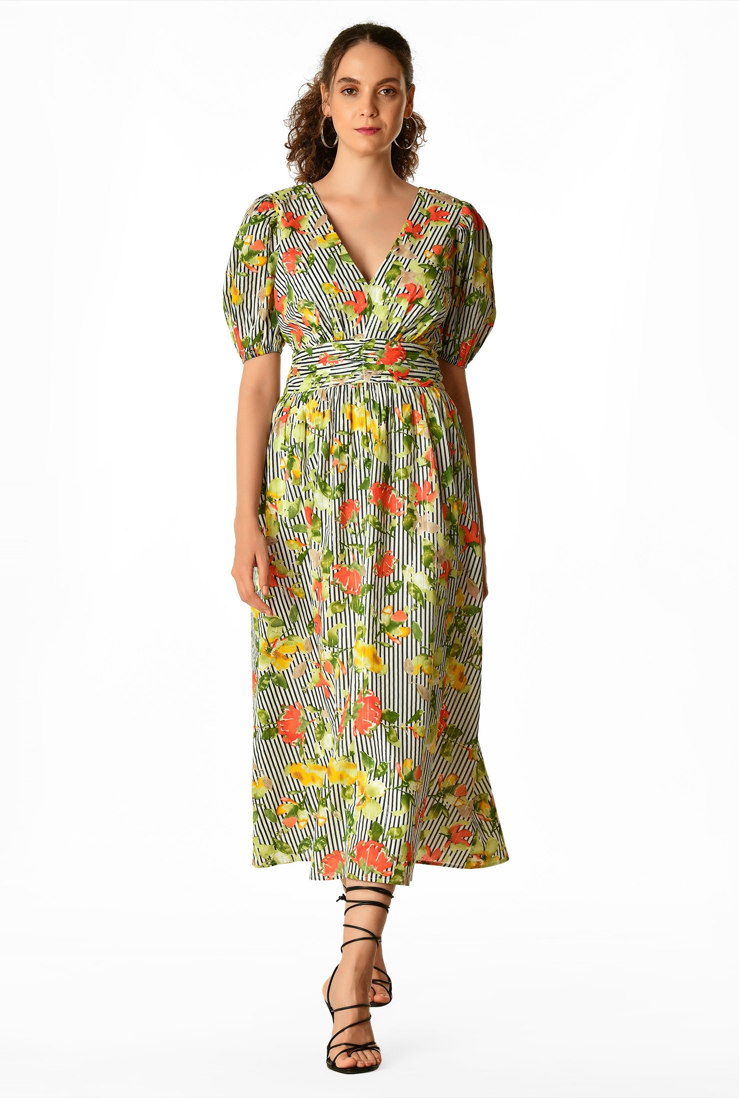 Cotton Lurex Stripe Flower Print Dress | strainhouse.org