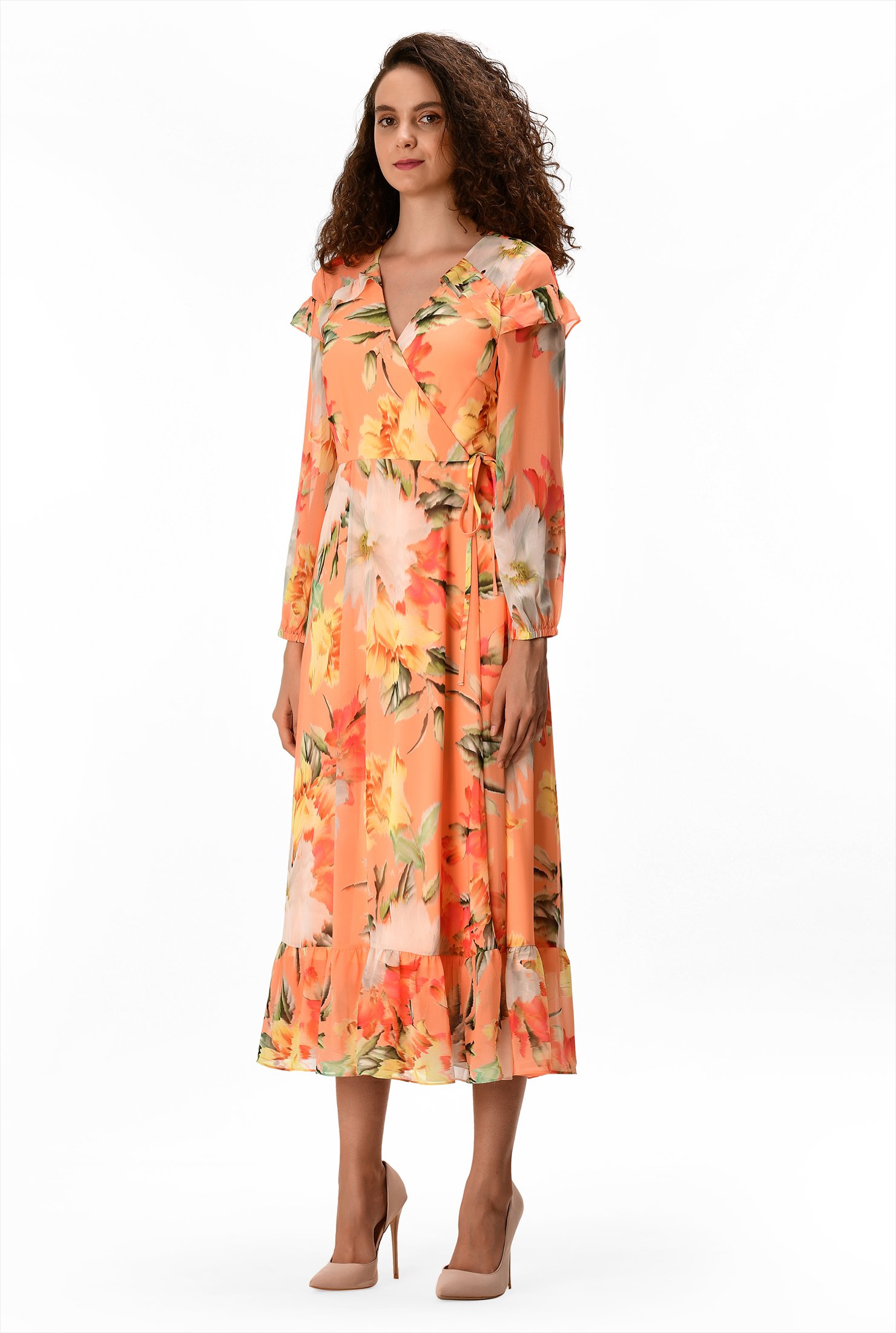 floral georgette ruffled wrap dress