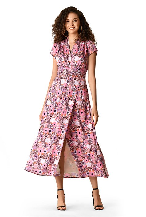 Shop Floral Print Matte Crepe Surplice Dress Eshakti