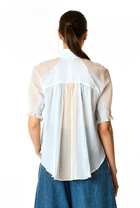 Shop Banded collar stripe crinkle cotton top | eShakti