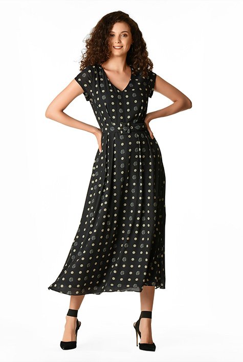 Shop Polka dot print crepe belted dress | eShakti