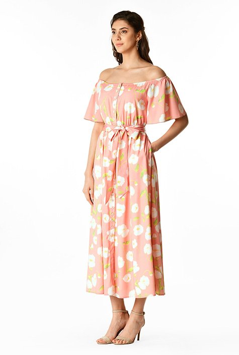 Shop Off-the-shoulder floral print matte crepe shirtdress | eShakti