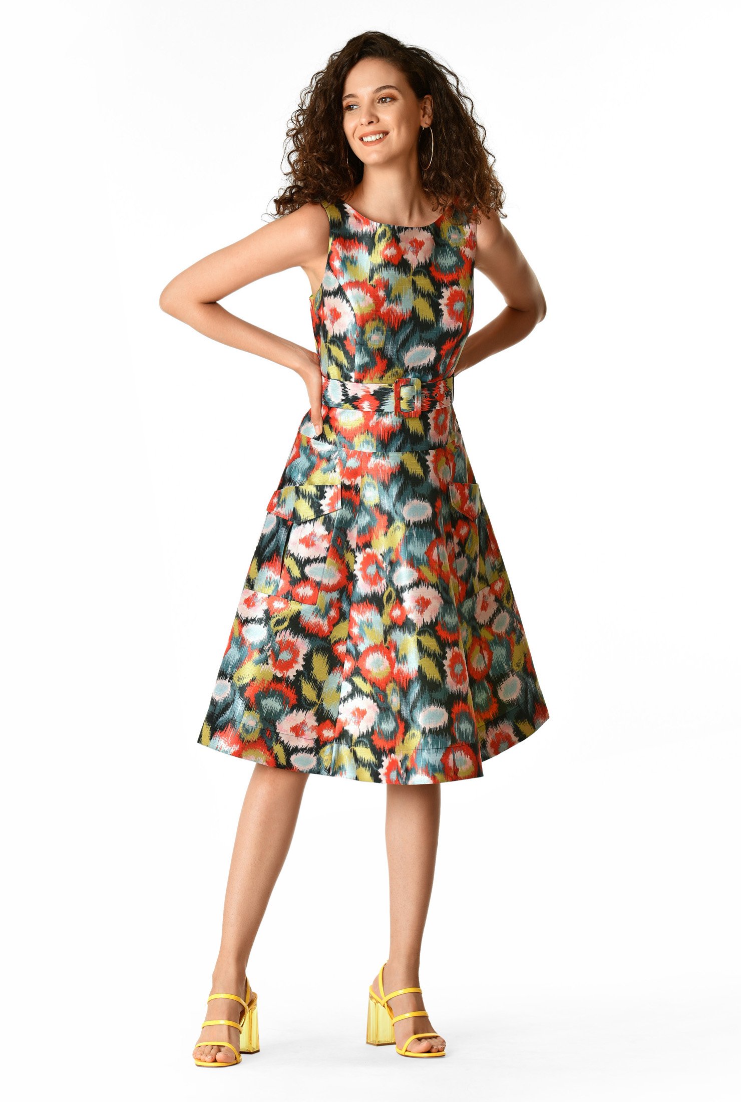 Shop Drop Waist Graphic Floral Print Dupioni Dress Eshakti 0606