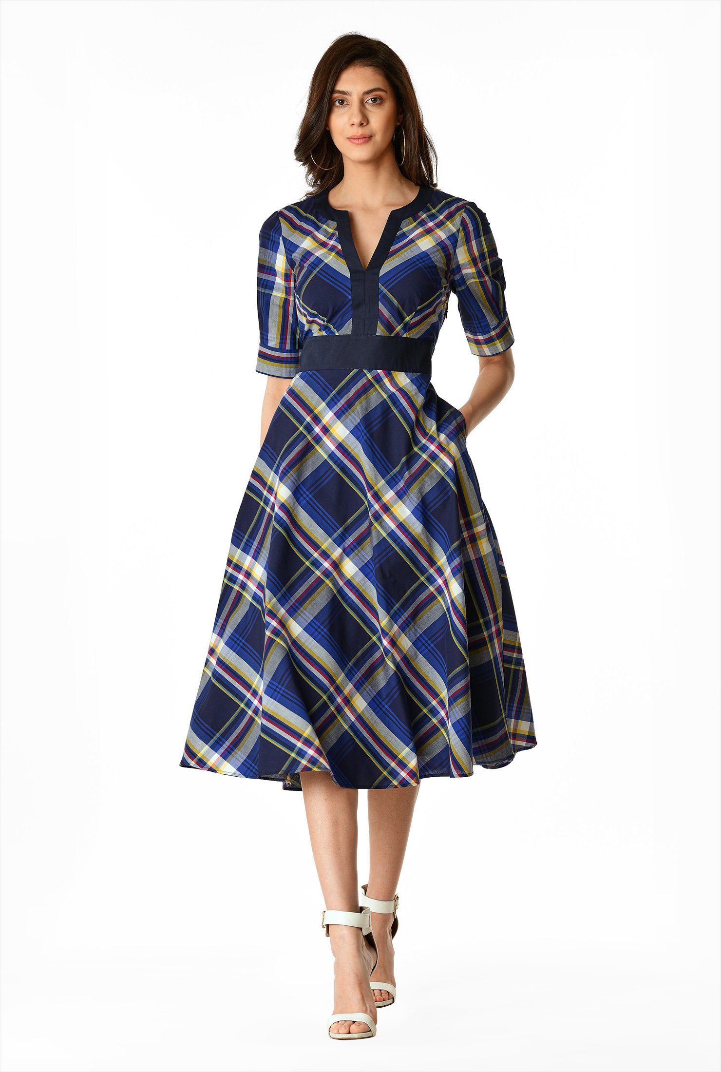 Shop Contrast trim cotton plaid dress | eShakti