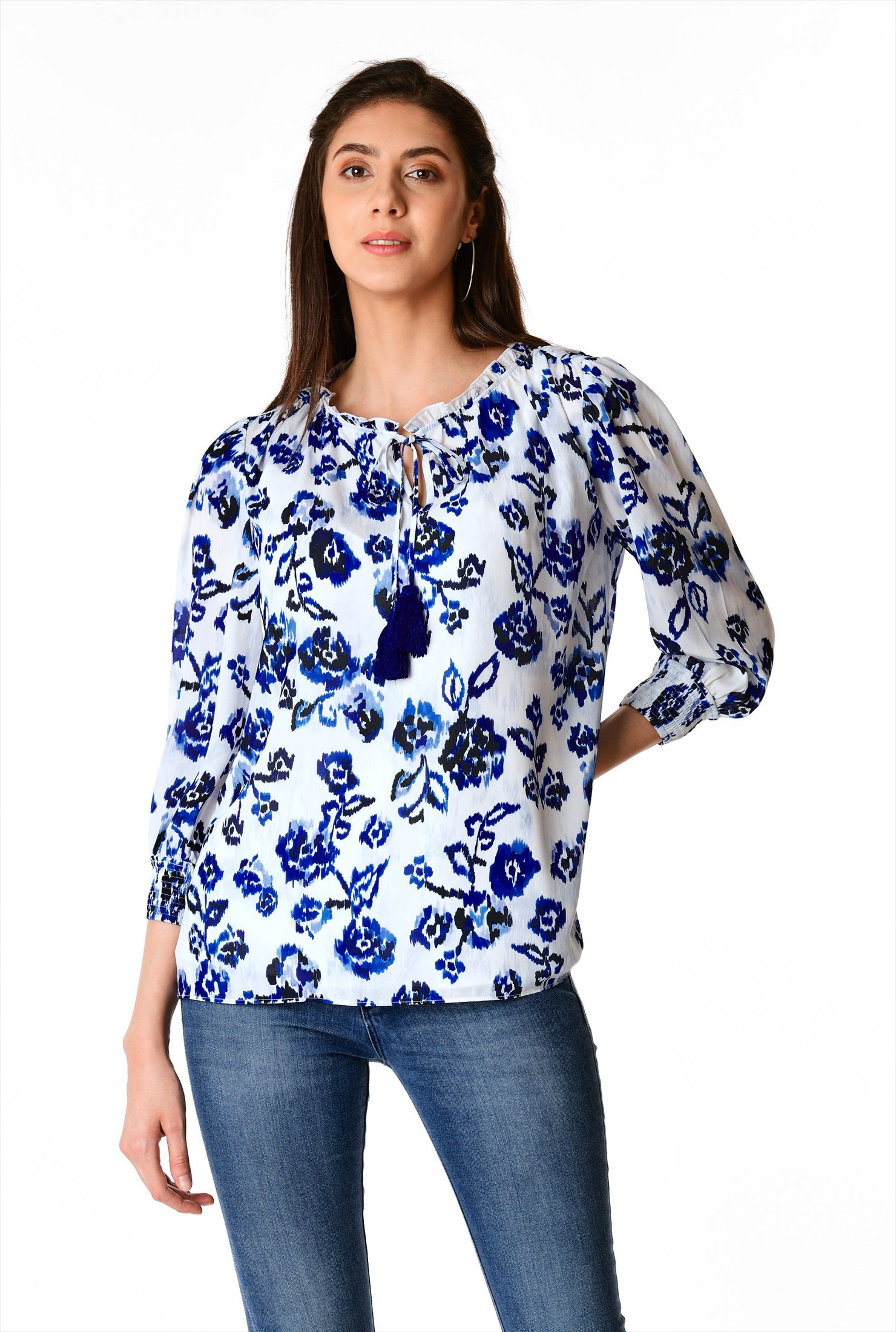 Shop Ikat floral print crepe tassel tie blouse | eShakti