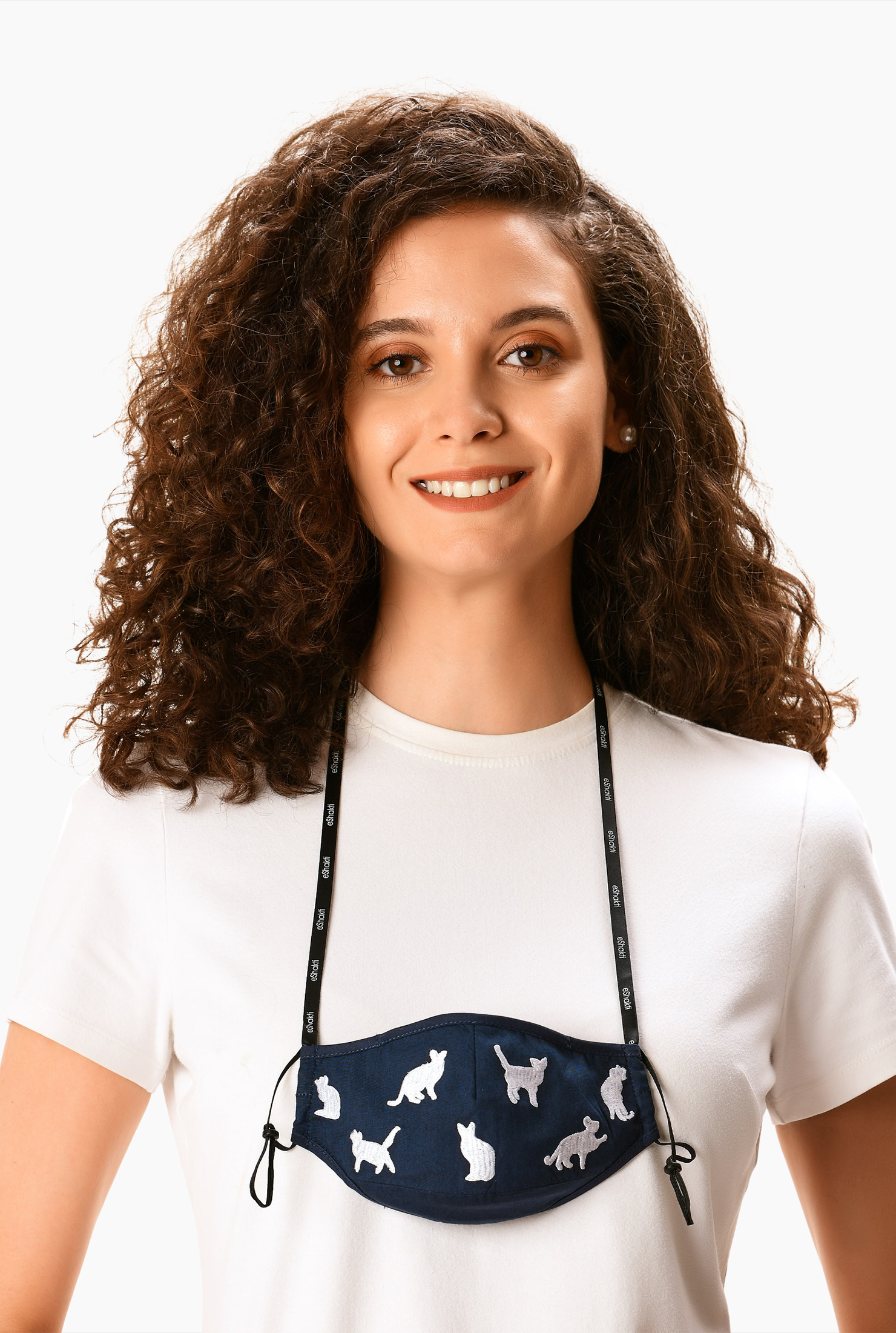 Shop Cat embroidery cotton poplin shaped face mask eShakti