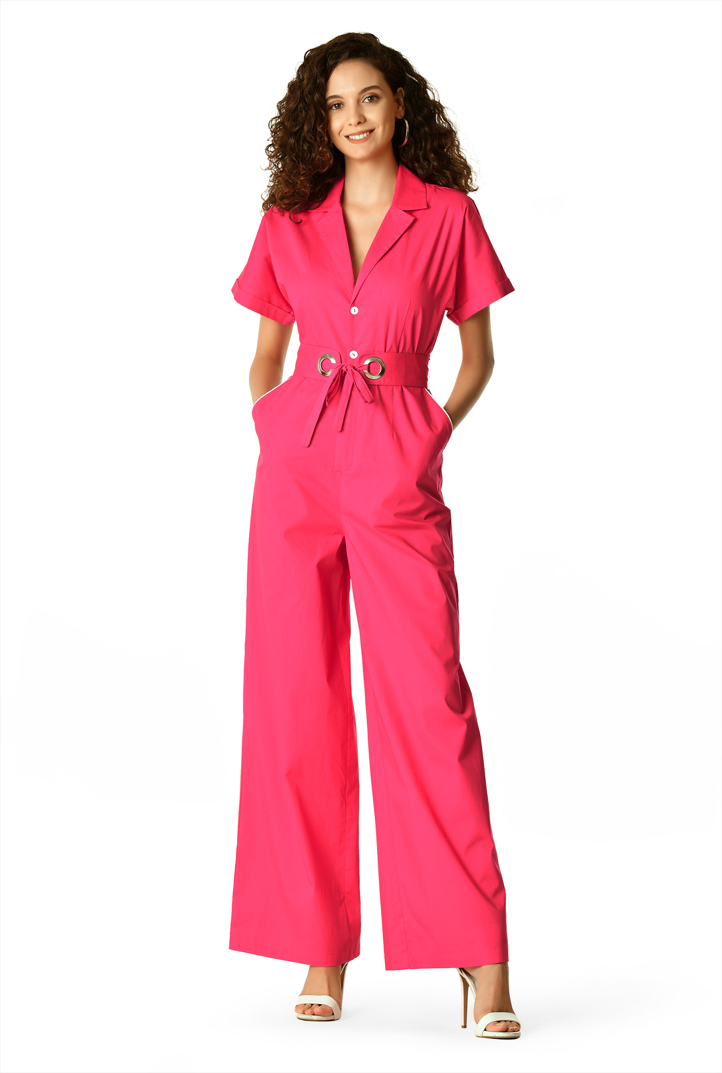 Shop Grommet belt cotton poplin jumpsuit eShakti
