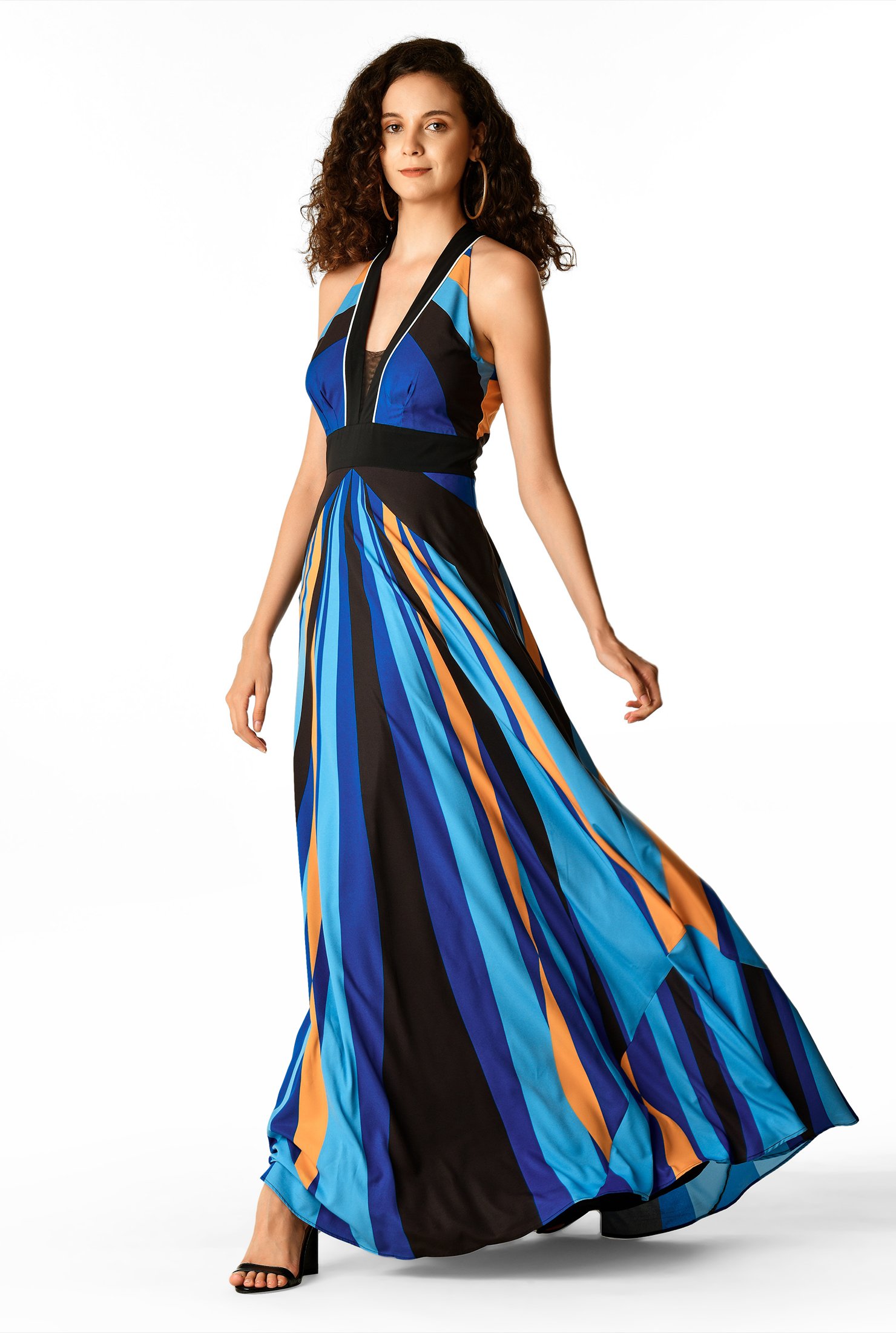 Shop Plunge stripe print matte crepe maxi dress | eShakti