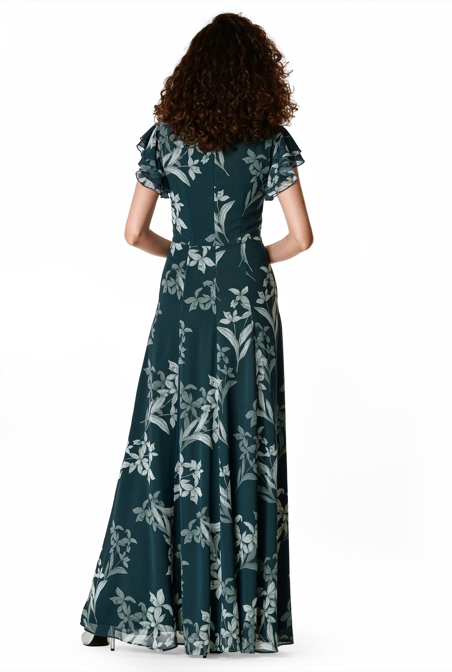 love stitch patterned flutter sleeve maxi dress