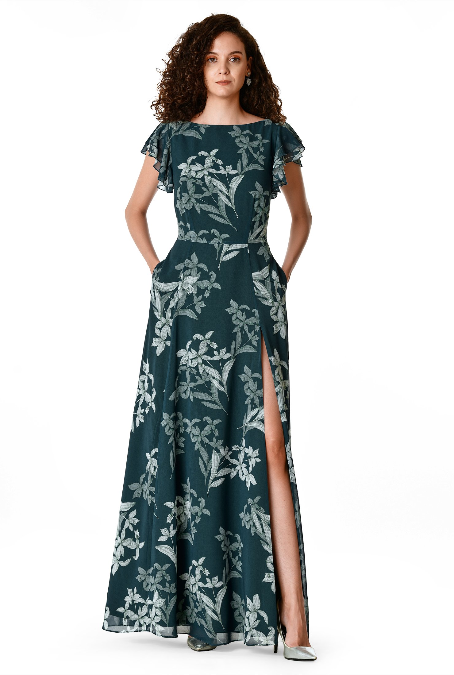 Shop Flutter sleeve floral print georgette maxi dress | eShakti