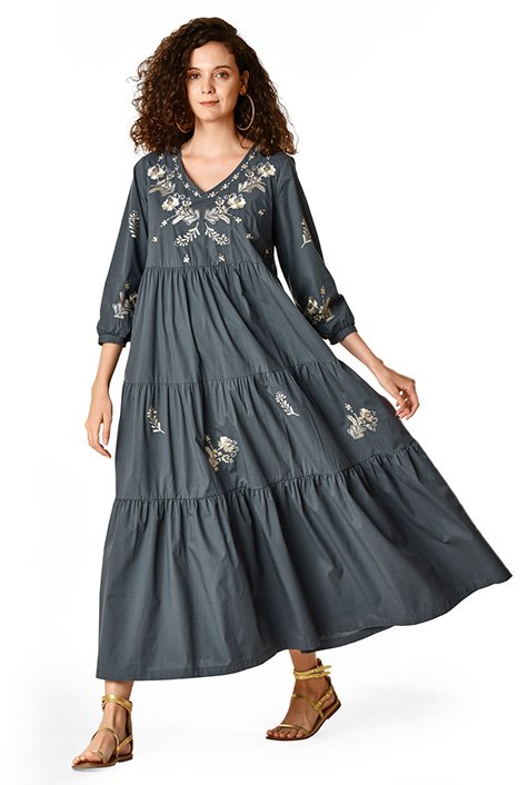 Shop Floral embroidery ruched tier cotton poplin dress