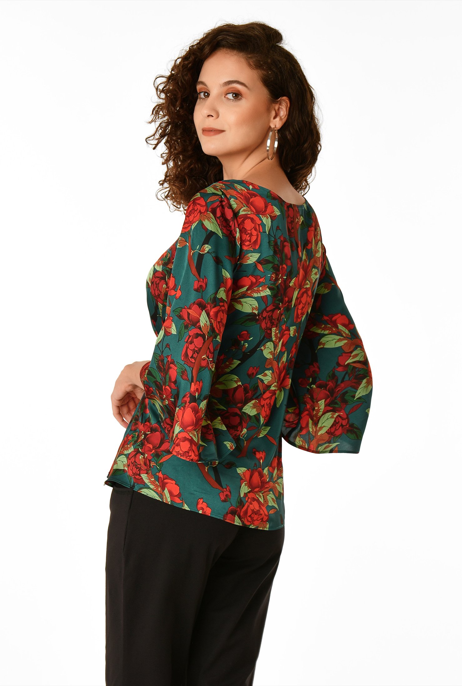 Shop Tie front bell sleeve floral print satin top | eShakti