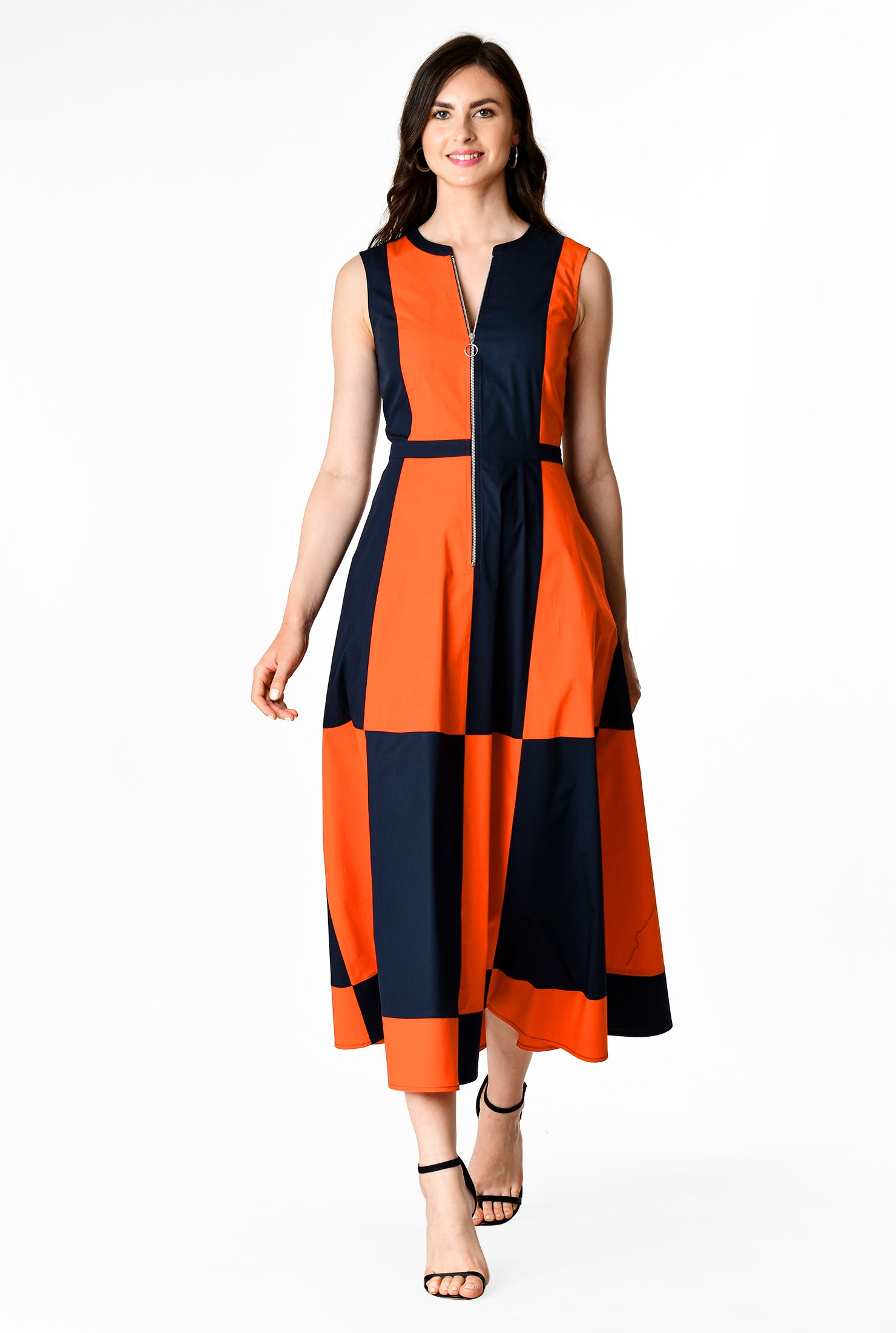 Shop Zip front colorblock cotton poplin dress | eShakti