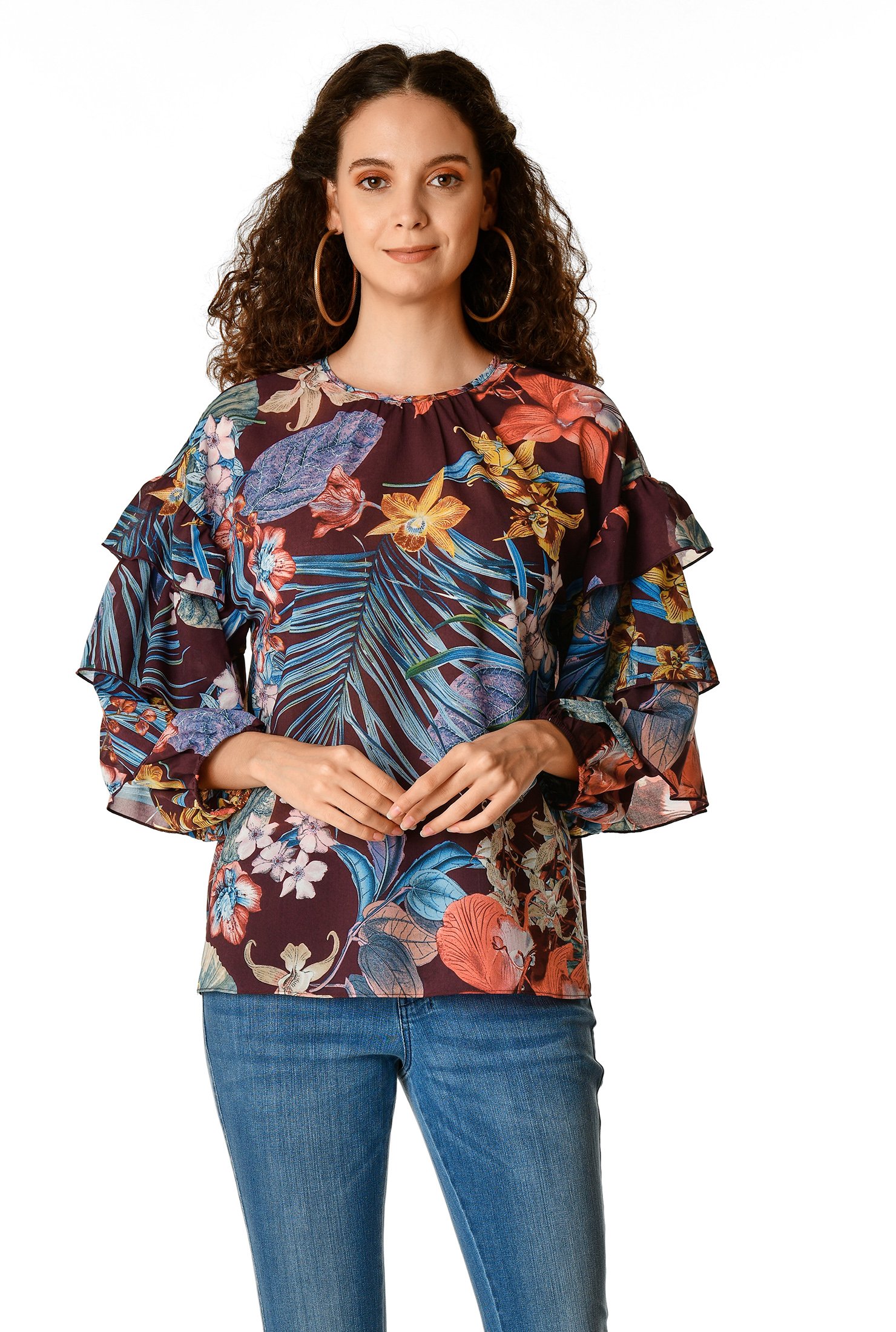 Shop Ruffle Layer Sleeve Floral Print Georgette Blouse Eshakti