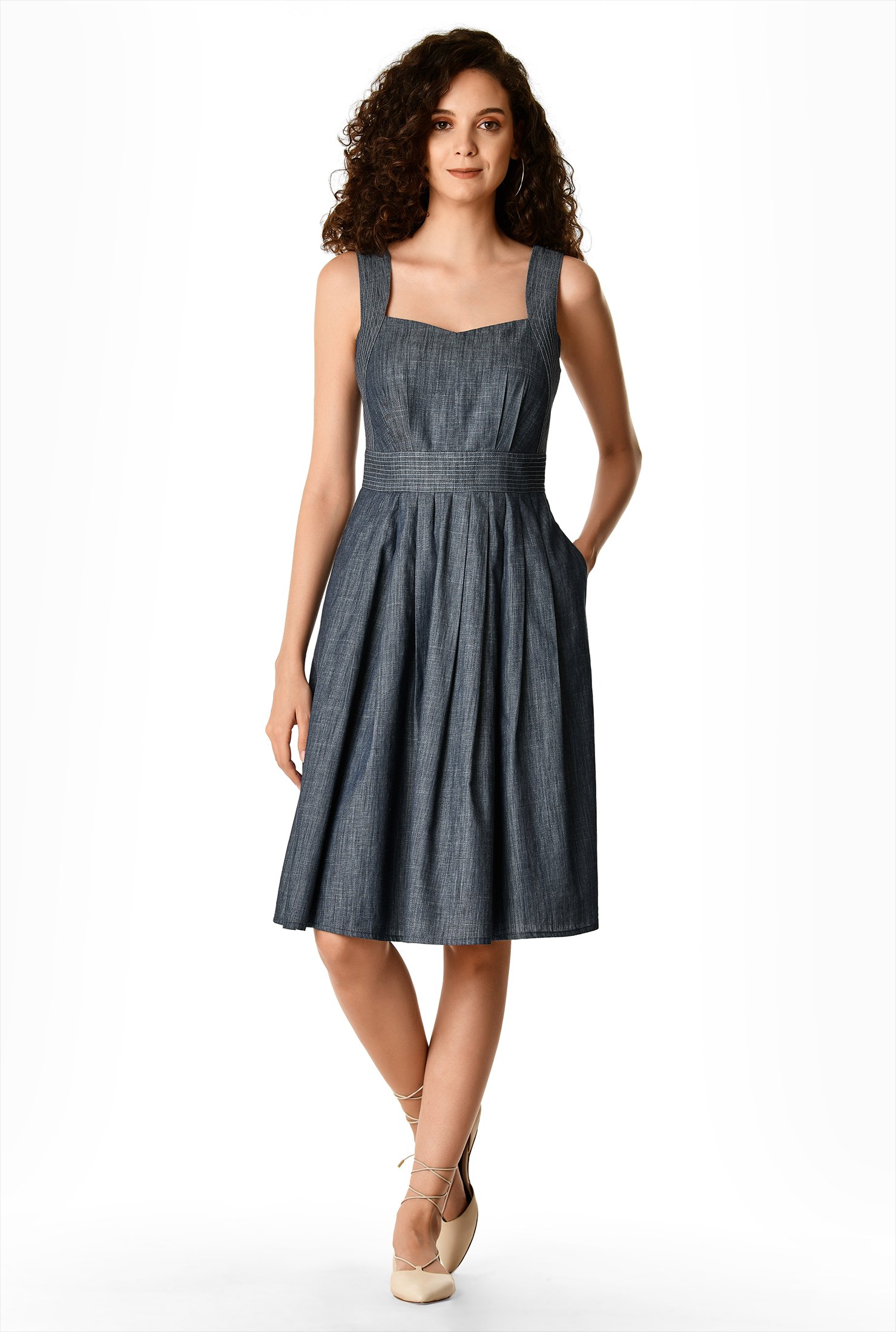 Shop Trapunto waist cotton chambray sundress | eShakti