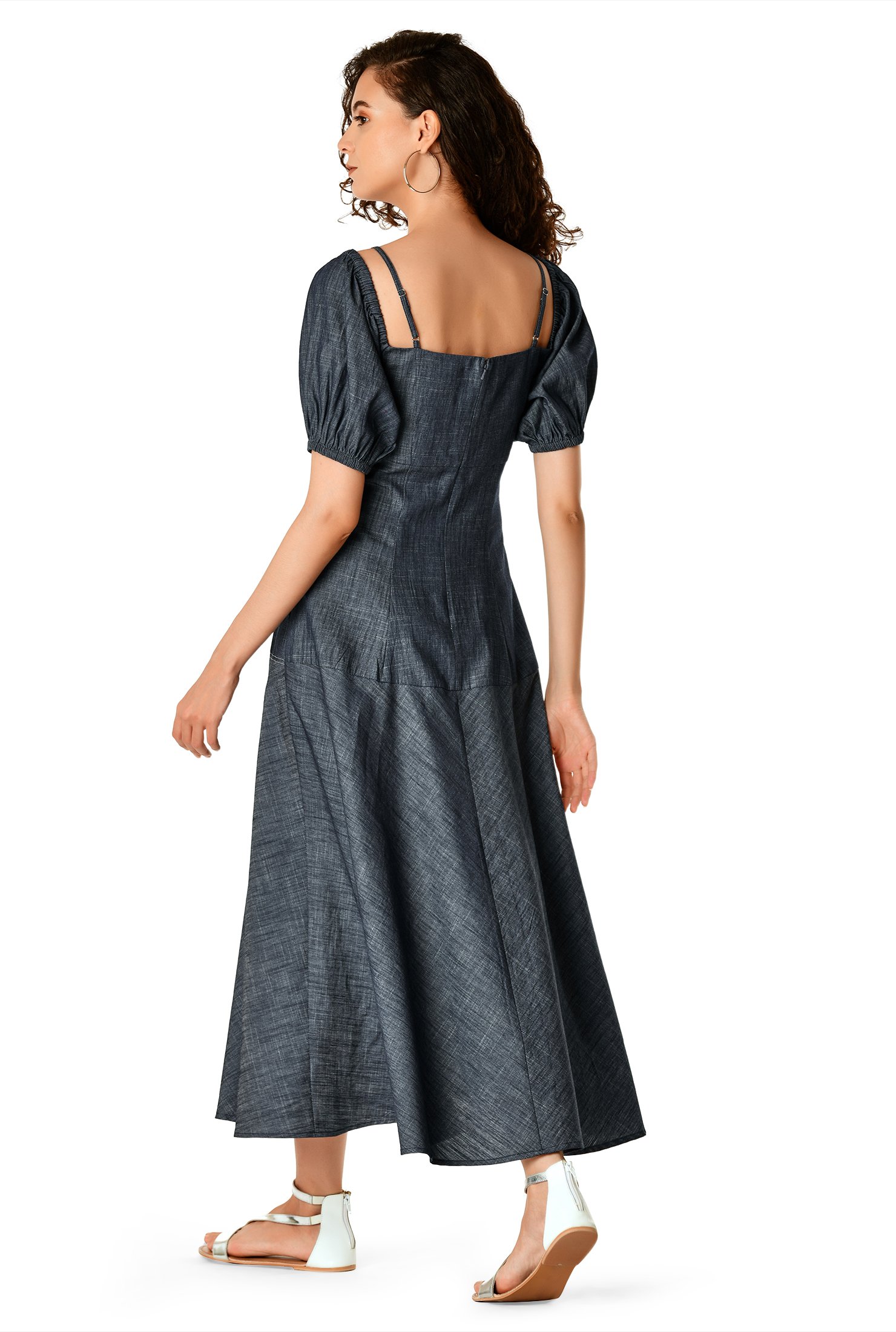 Shop Cold shoulder puff sleeve cotton chambray dress | eShakti