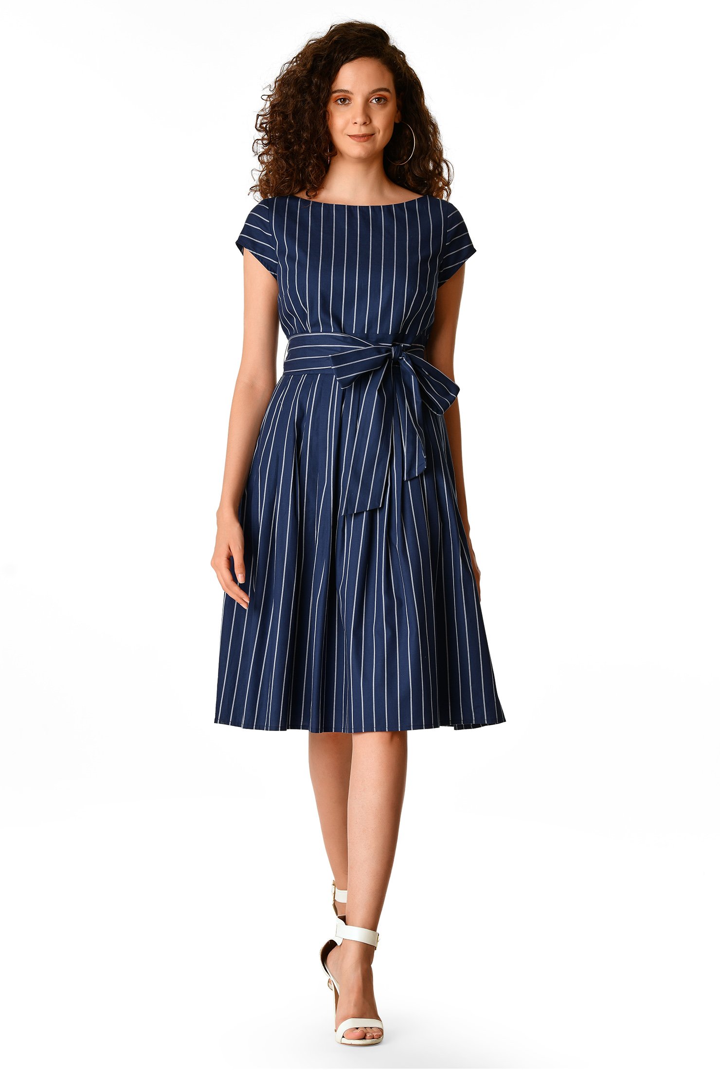 Shop Stripe cotton twill sash tie dress | eShakti
