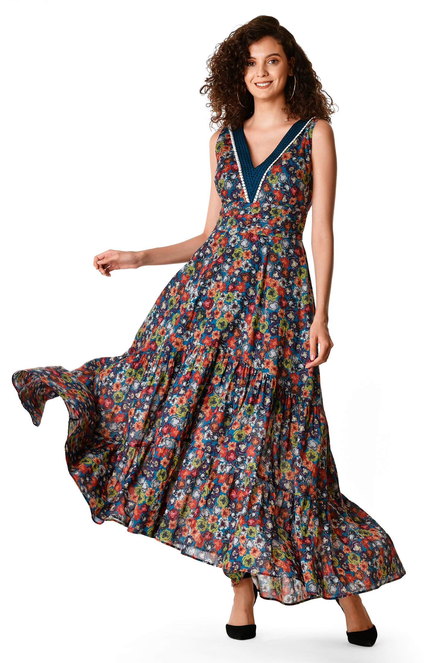 Shop Ruched tier floral print cotton voile dress eShakti