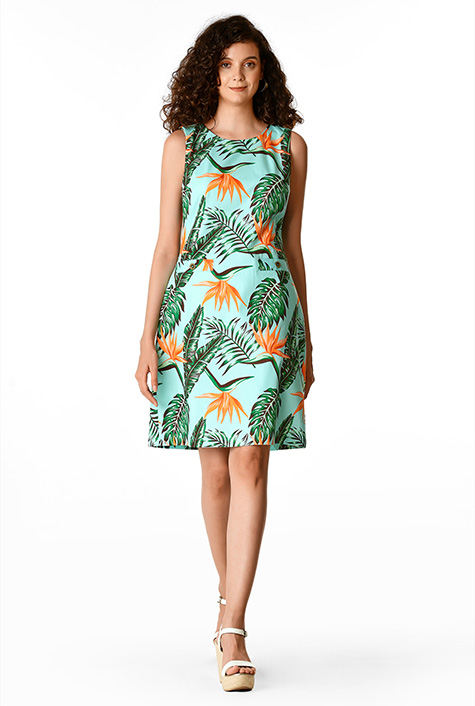 Shop Tropical floral print cotton poplin shift dress | eShakti Shop Tropical floral print cotton poplin shift dress | eShakti